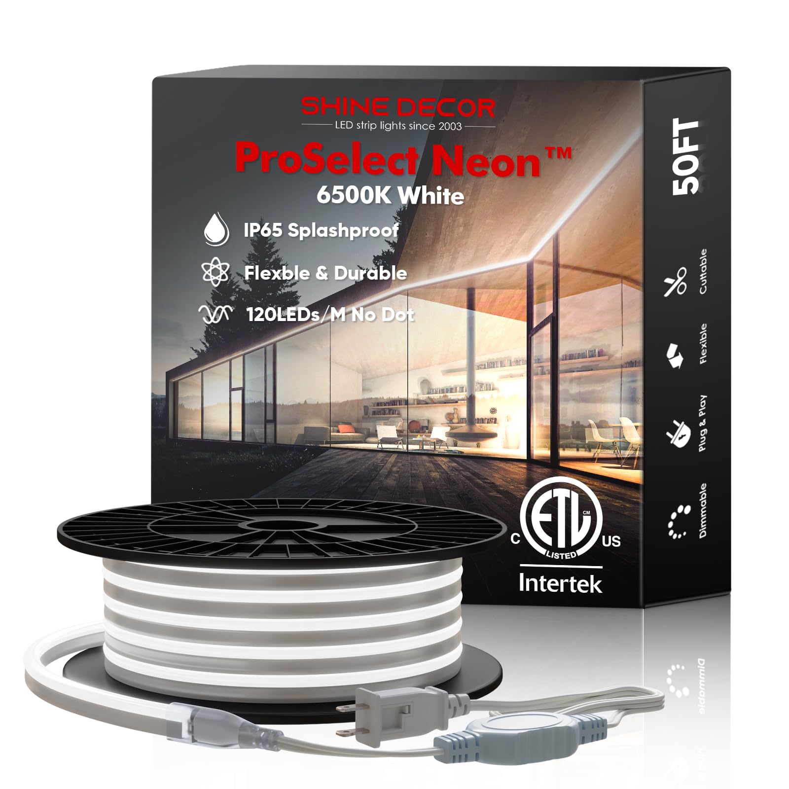 Shine Decor LED Neon Rope Lights AC 120V, ETL-Listed Flexible 120LEDs/M Dotless Strip Lighting, Custom Cuttable & IP65 Waterproof for Indoor Outdoor,
