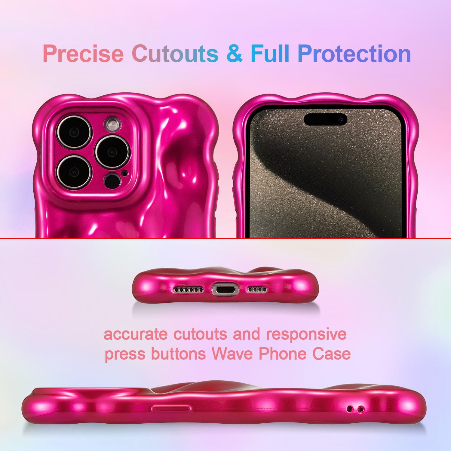 UEEBAI Case For IPhone 14 Pro Max 6.7 Inch, Cute Solid Color Curly Wave Shape Shockproof Soft Bumper Phone Case, Candy Water Ripple 3D Silicon Slim Pretty Case Aesthetic Cover, Blue