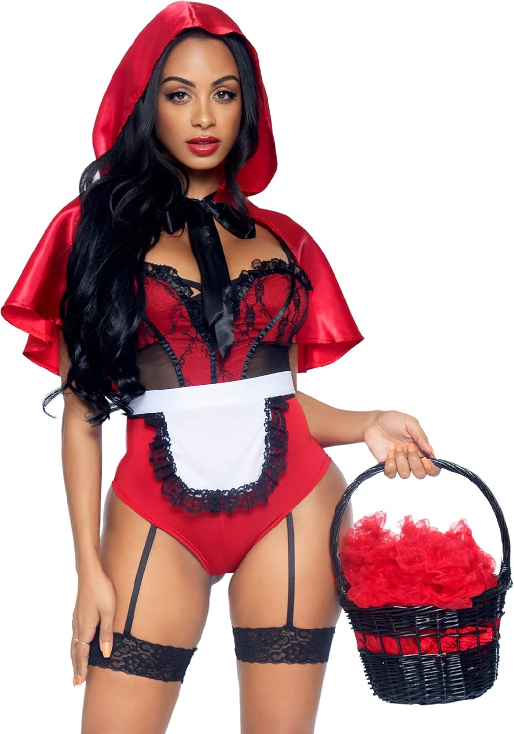 Leg Avenue Women's 3 Pc Naughty Miss Red Riding Hood Costume with Garter Teddy, Apron, Hooded Cape