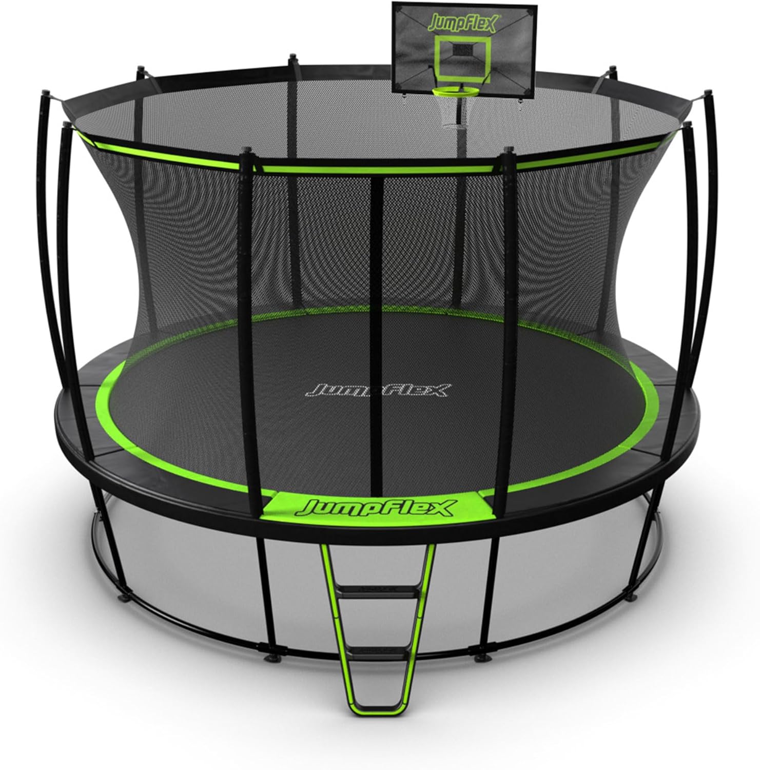 JumpFlex Hero Round Outdoor Backyard Trampoline with Net Safety Enclosure and Ladder - Heavy-Duty Jumping Trampoline Play Equipment for Family