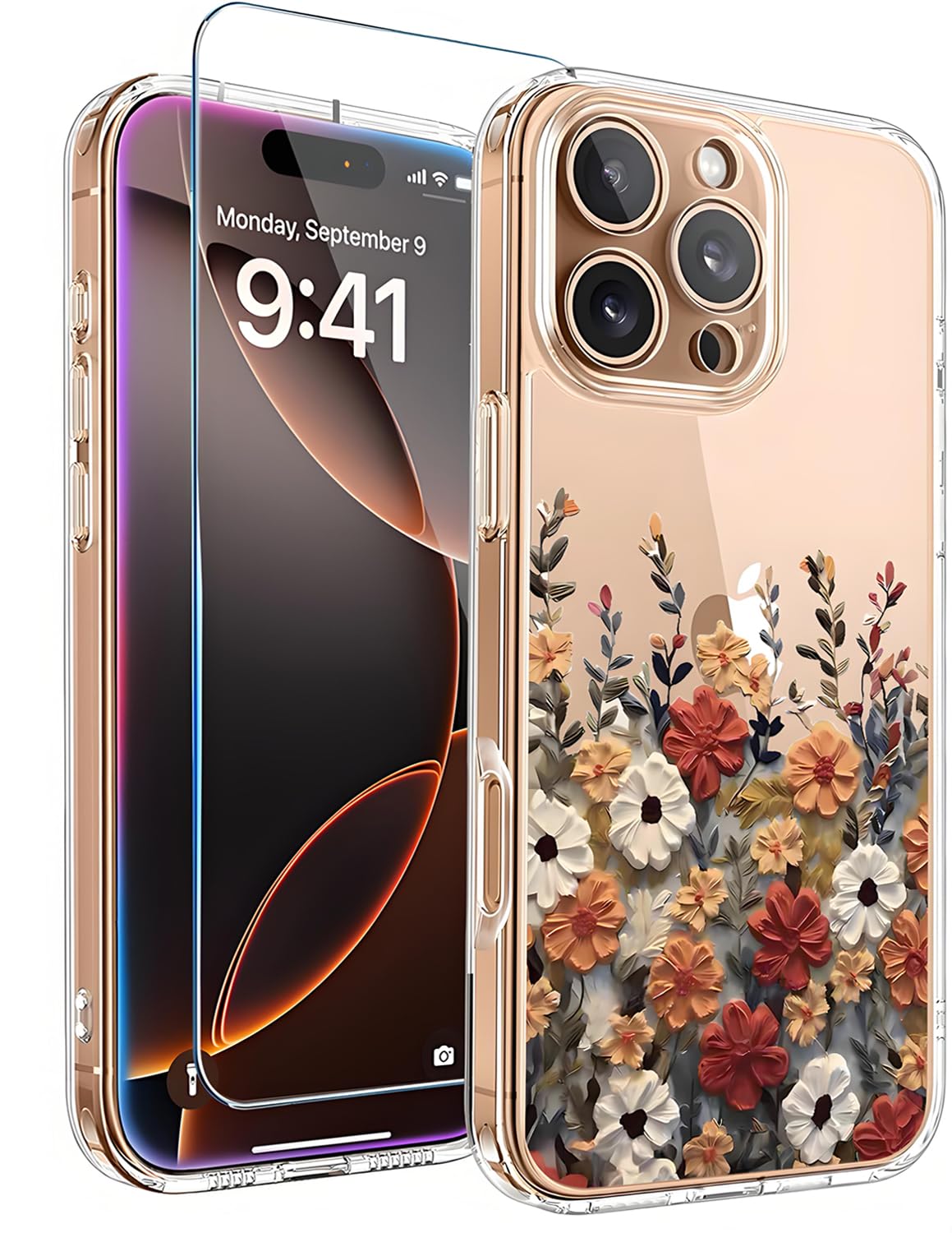 TXXO for iPhone 16 Pro Case Clear Cute Flowers Floral for iPhone 16 pro Cases with Screen Protector [Camera Protection] Slim Shockproof Phone Case for