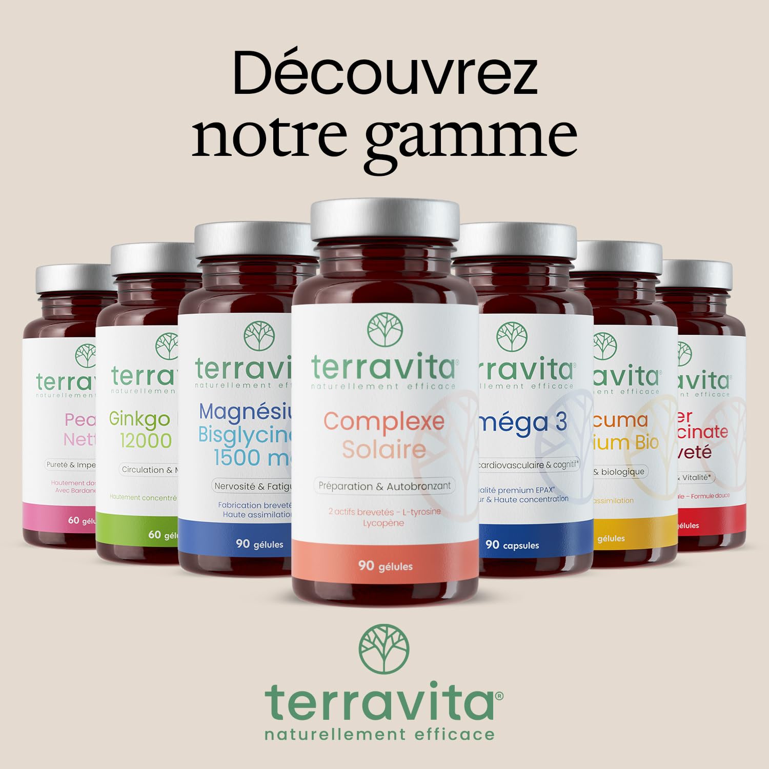 COMPLEXE SOLAIRE 4 en 1 | Nutroxun® + Céramosides® + Lycopène + Zinc Bisglycinate | Teint Hâlé et Naturel | Formule Autobronzante sans Bêta-carotène | 90 Gélules Vegan | Fabriqué en France | Terravita