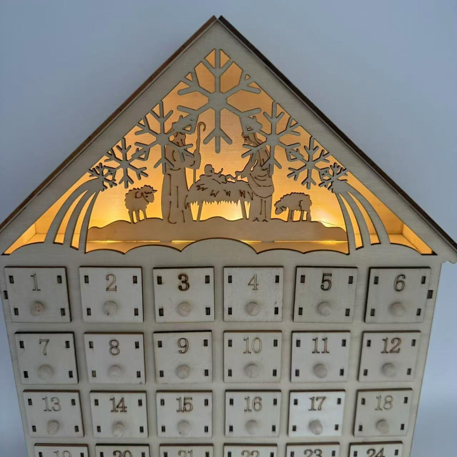 LED beleuchteter Holz Adventskalender Weihnachtsgeister 24 Tage Countdowns Kalender mit LED-Lichtern und Aufbewahrungsschubladen
