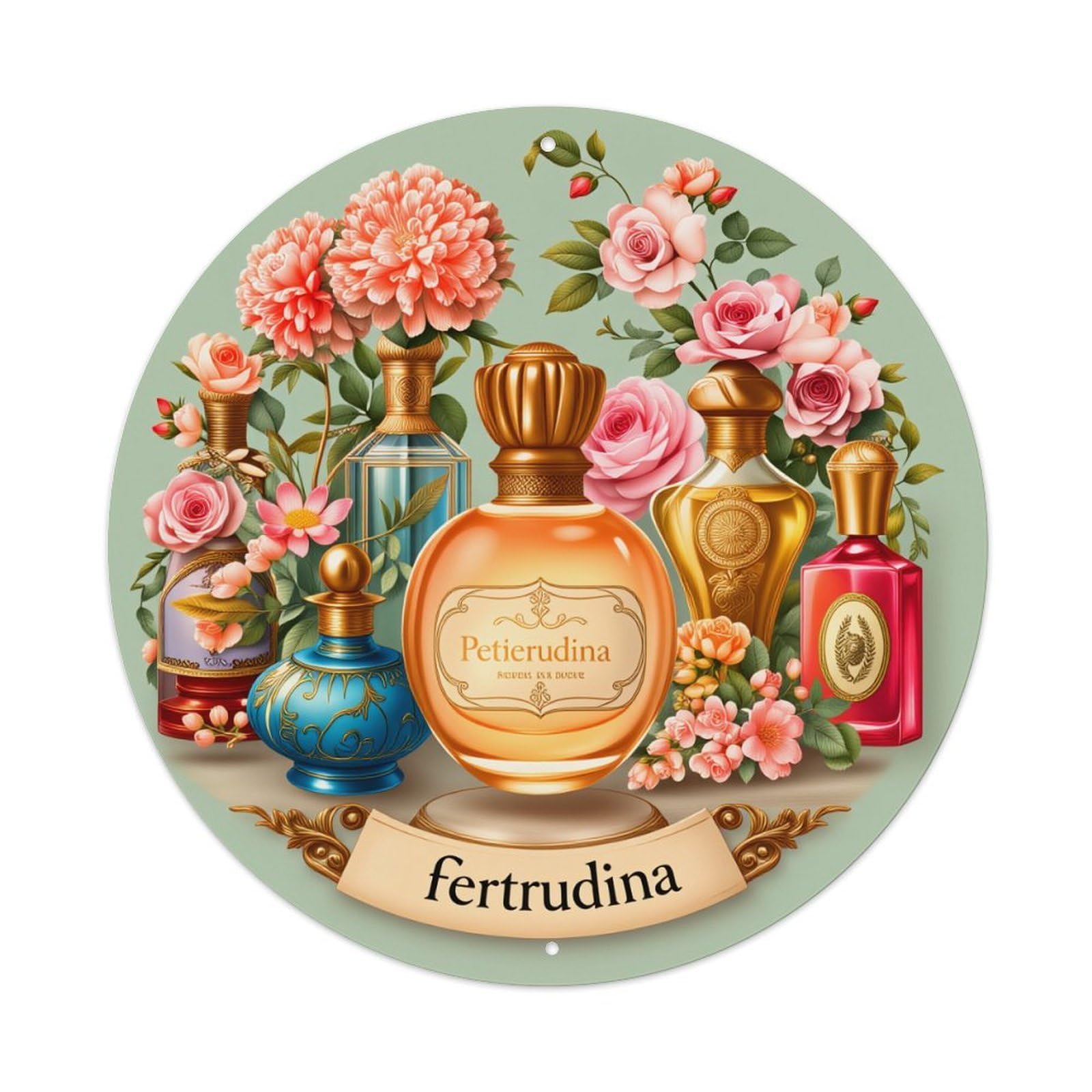 Floral Perfume Bottle Design Art Round Tin Sign Vintage Style Metal Sign Home Bar Garden Wall Plaque Decor Metal Poster 8x8 Inch