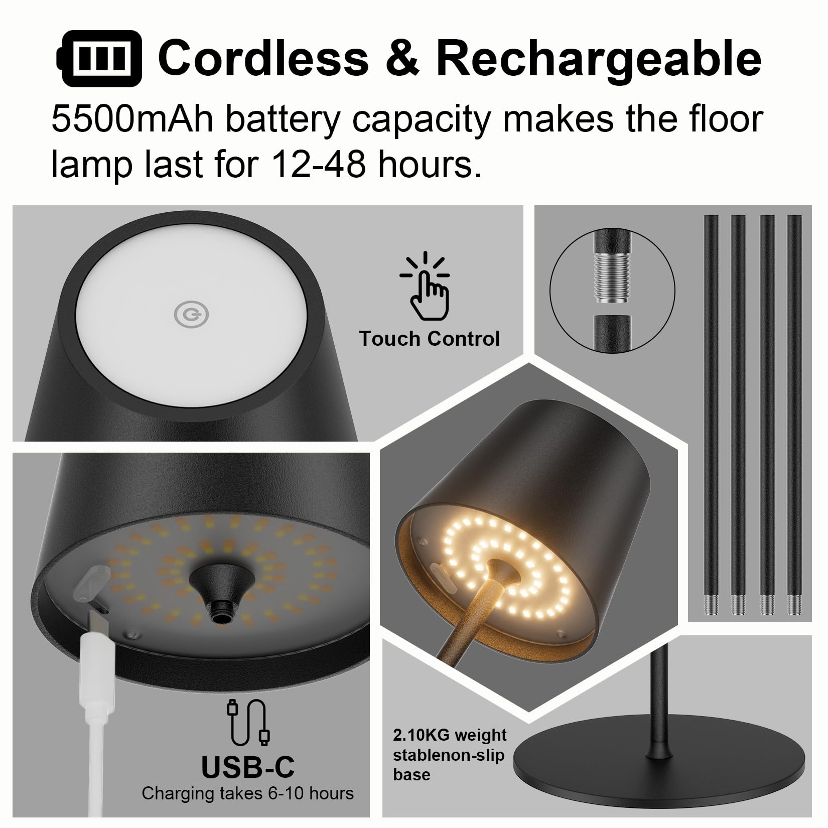 LED kabellose Akku Stehlampe, 3000K-6000K dimmbare Stehleuchte, aufladbare outdoor Stehlampe, Touch Control für Innen & Außen, Wohnzimmer, Balkon, etc. Schwarz