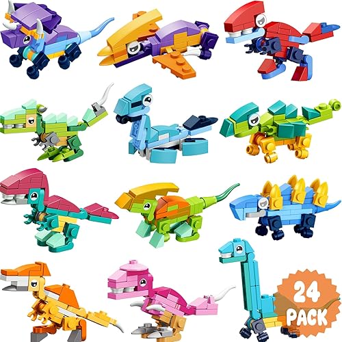 Asoulin Recuerdos de fiesta para niños, paquete de 24 juguetes de bloques de construcción de dinosaurios con tarjetas de regalo para niños, aula,