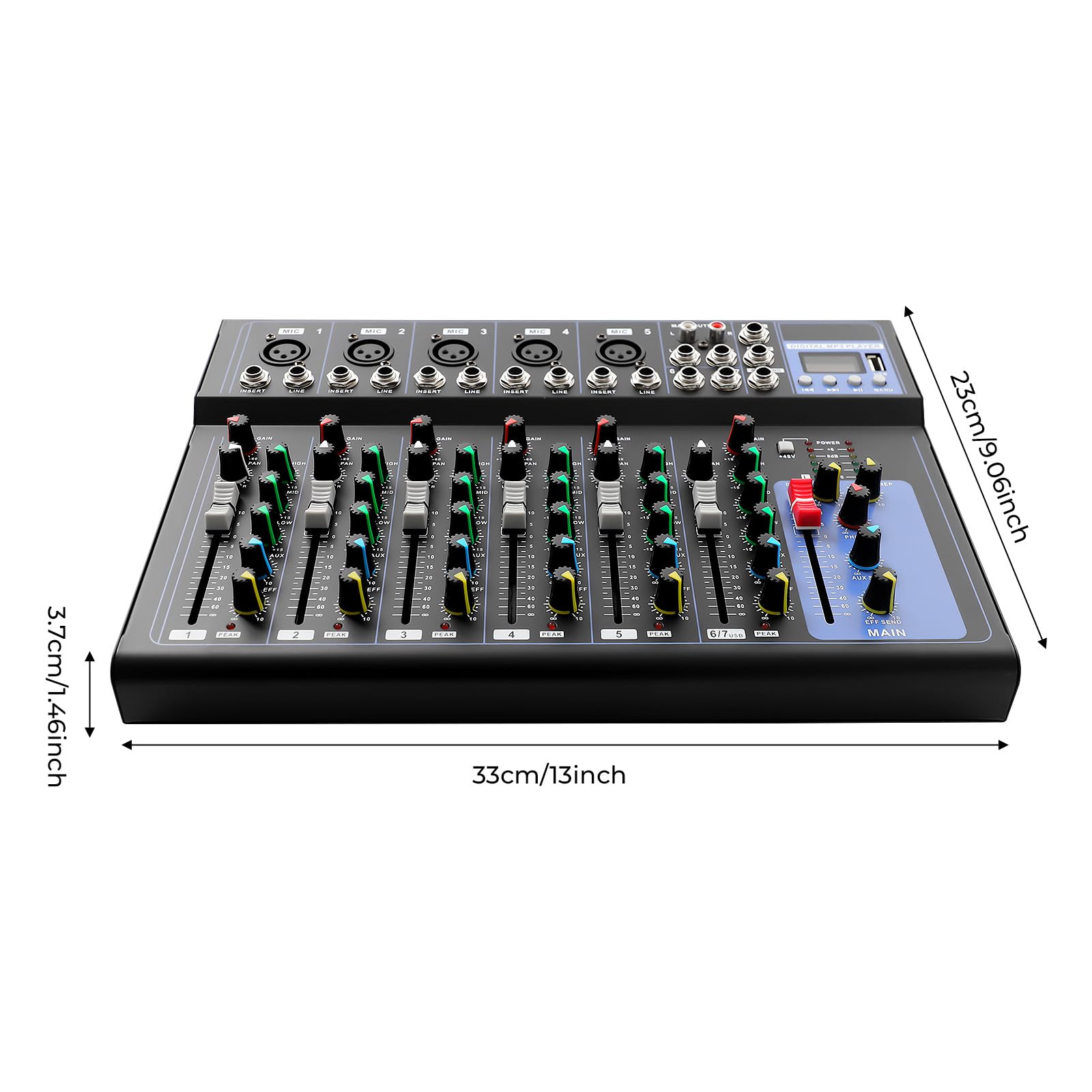 Soundboard 7 canaux & table de mixage DJ, Bluetooth, mixeur audio professionnel, mixeur audio avec six styles de musique et égaliseur à trois bandes, console de mixage DJ pour karaoké, fête à domicile