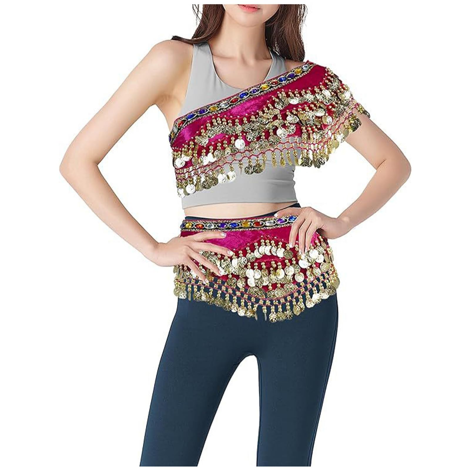 Ensemble Danse Orientale Femme CHICTRY Costume Tribal Rose Ceinture Franges Pièces Scène - 3