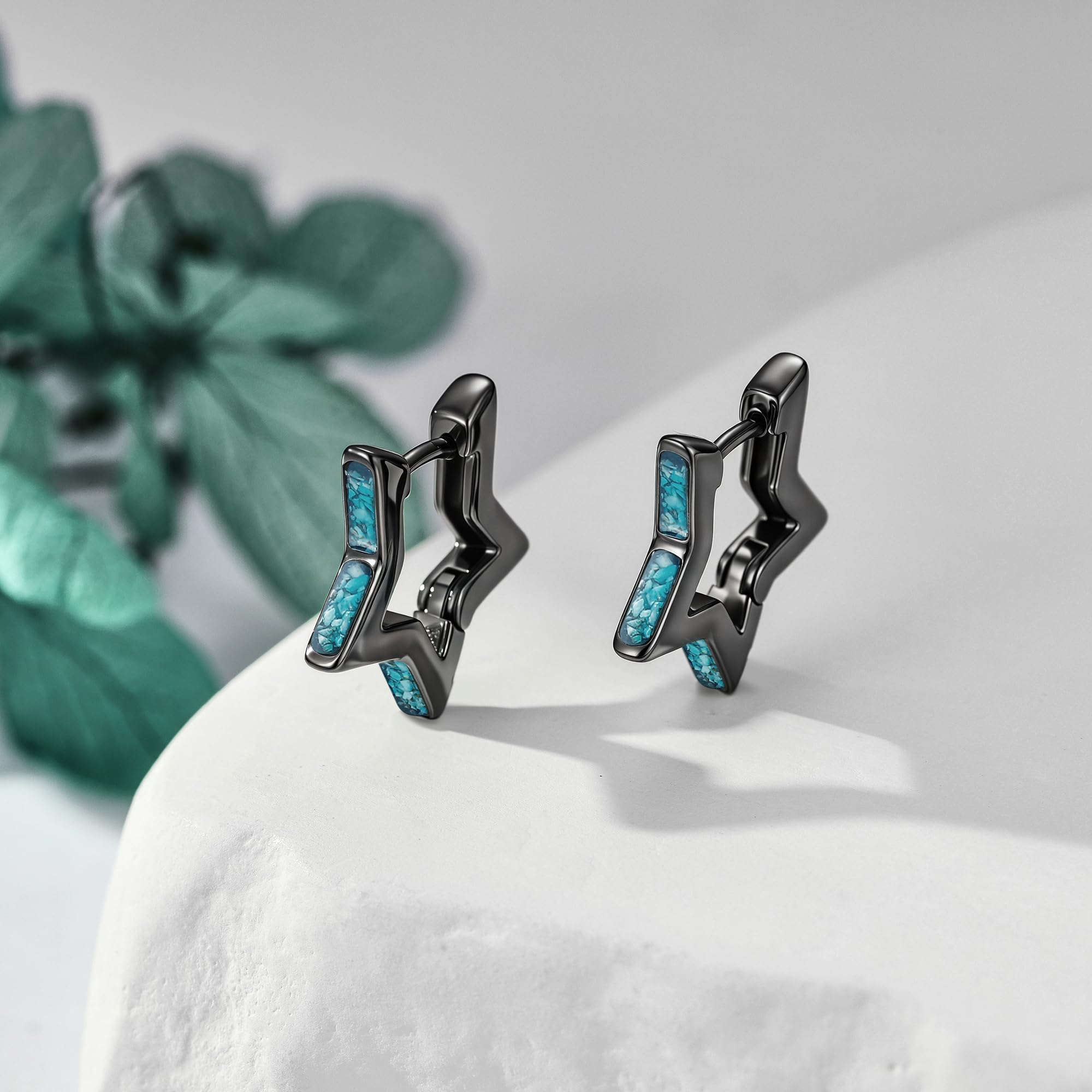 Pendientes de estrella de plata de ley 925, pequeños aretes de aro negros con turquesa, regalos para hombres y mujeres