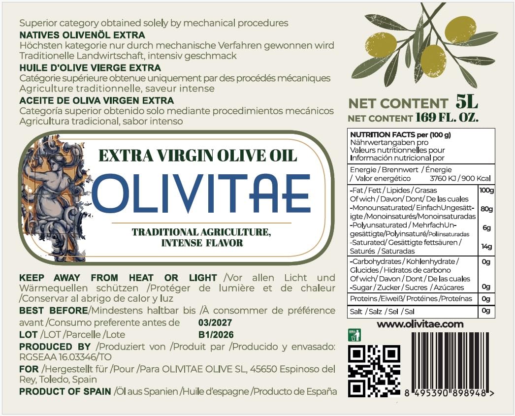 OLIVITAE. Huile d'Olive Extra Vierge 5 Litres. Agriculture Traditionnelle, Saveur Équilibrée. Tolède, Espagne.