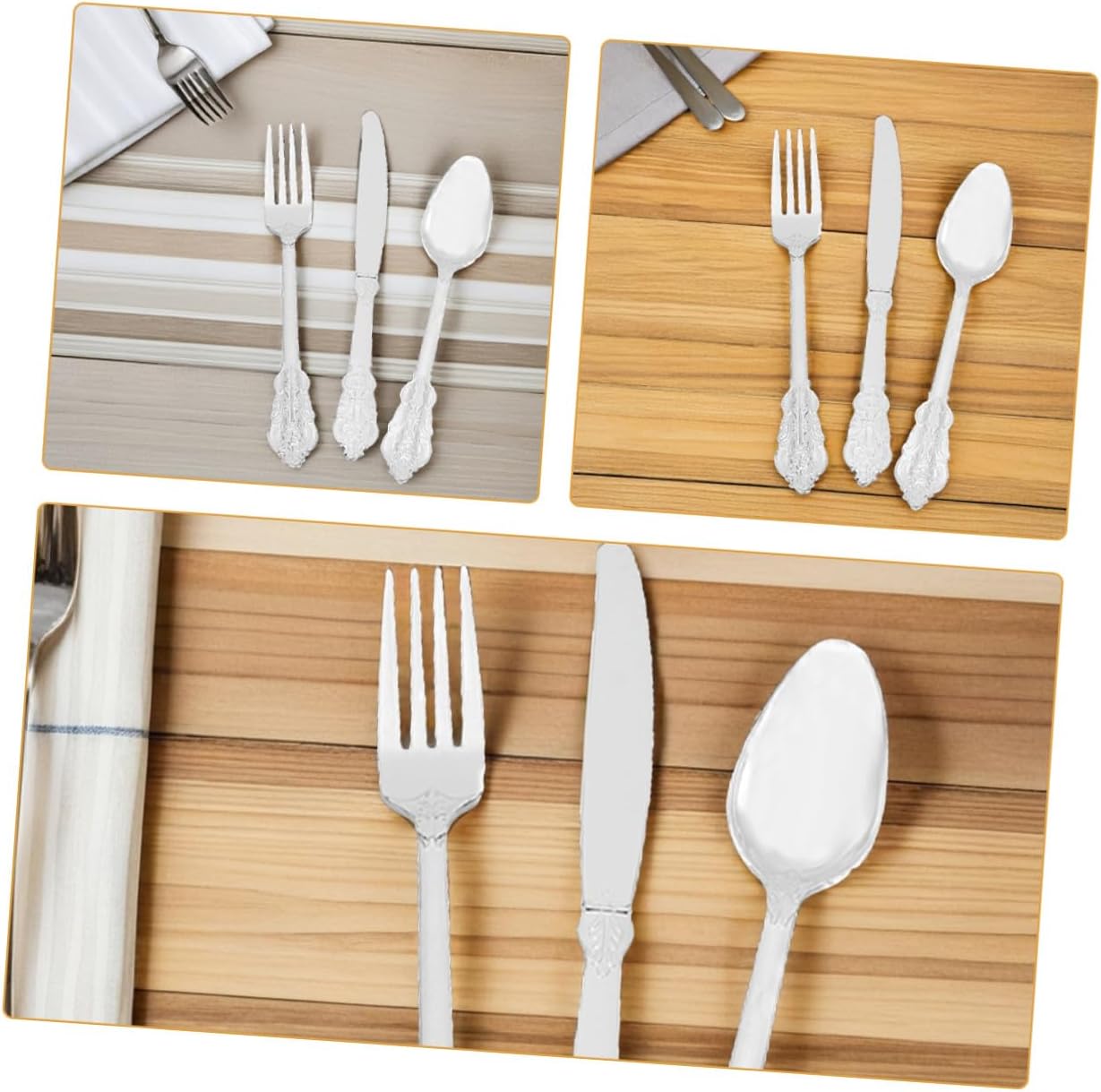 HEMOTON Disposable Gold Foil Tableware Set 24 Pieces with Silver Floral Pattern Plastic Forks Spoons Knives for Parties Picnics Weddings