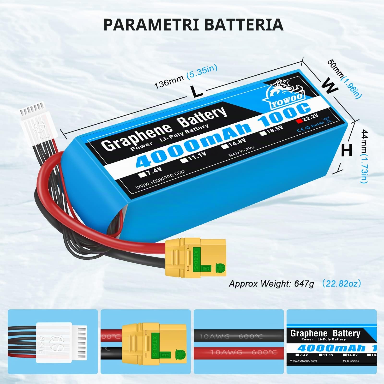 Yowoo 6S lipo 22,2V 4000mAh 100C grafene Batteria RC batteria, con connectore Anti-Scintilla Amass XT90S per RC FPV Racing UAV Drone Evader BX RC Veicolo Auto LKW Truggy Nave Modells Hobby
