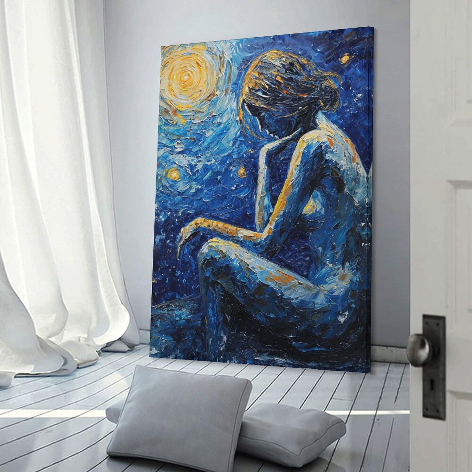 Junmoney Frame-Style-18 Canvas Art Print Woman Under Starry Sky, 24X36inch(60X90cm), For Contemporary Homes, Apartments Or Offices, Decorative Canvas Decor For Home Updates