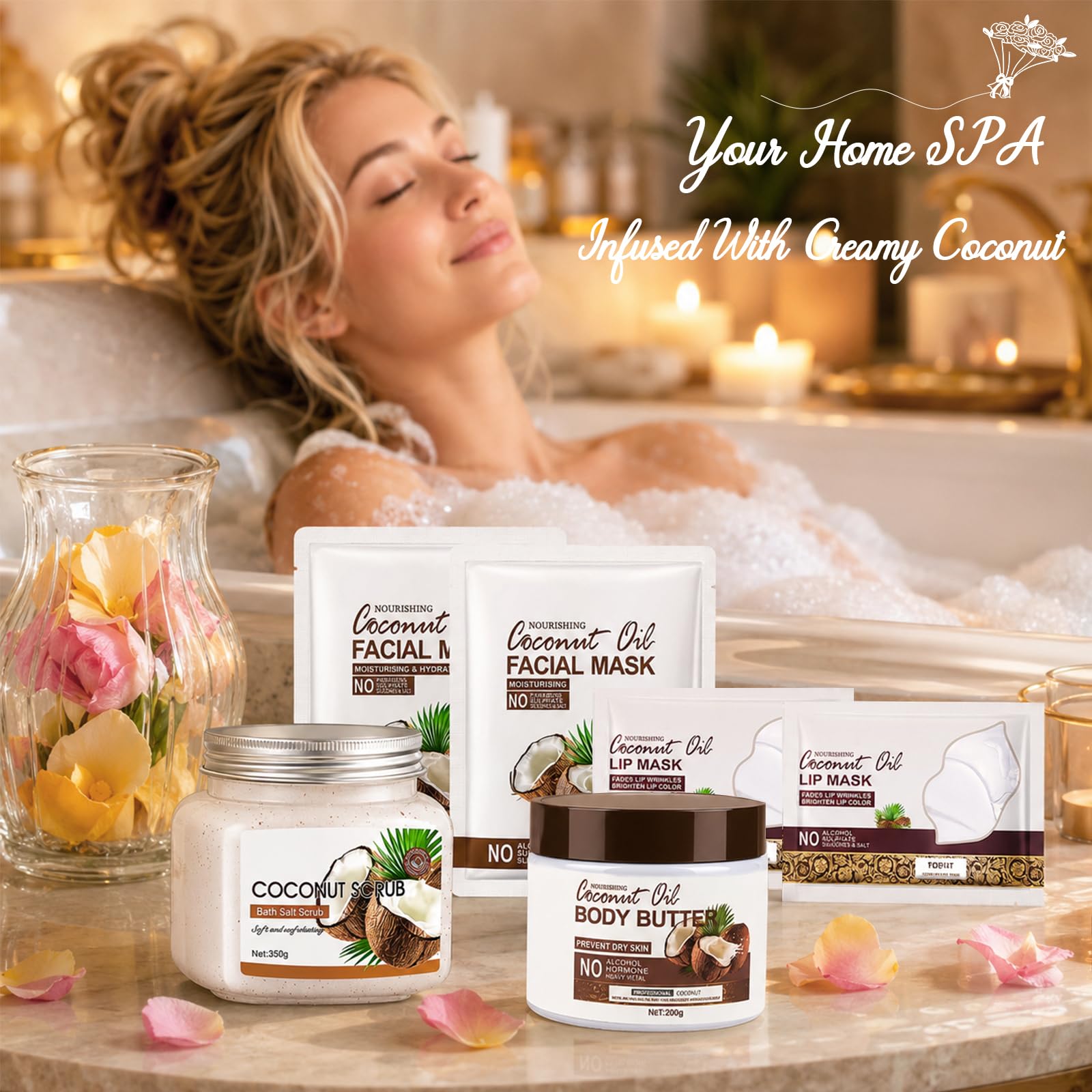 Gommage Corps Exfoliant Coffret SPA: 350g Body Scrub,200g Beurre Corporel, 2PC Masque Facial, 2PC Patch Yeux, Nettoyage en Profondeur Hydratation et Nutrition,Grand Format Familial