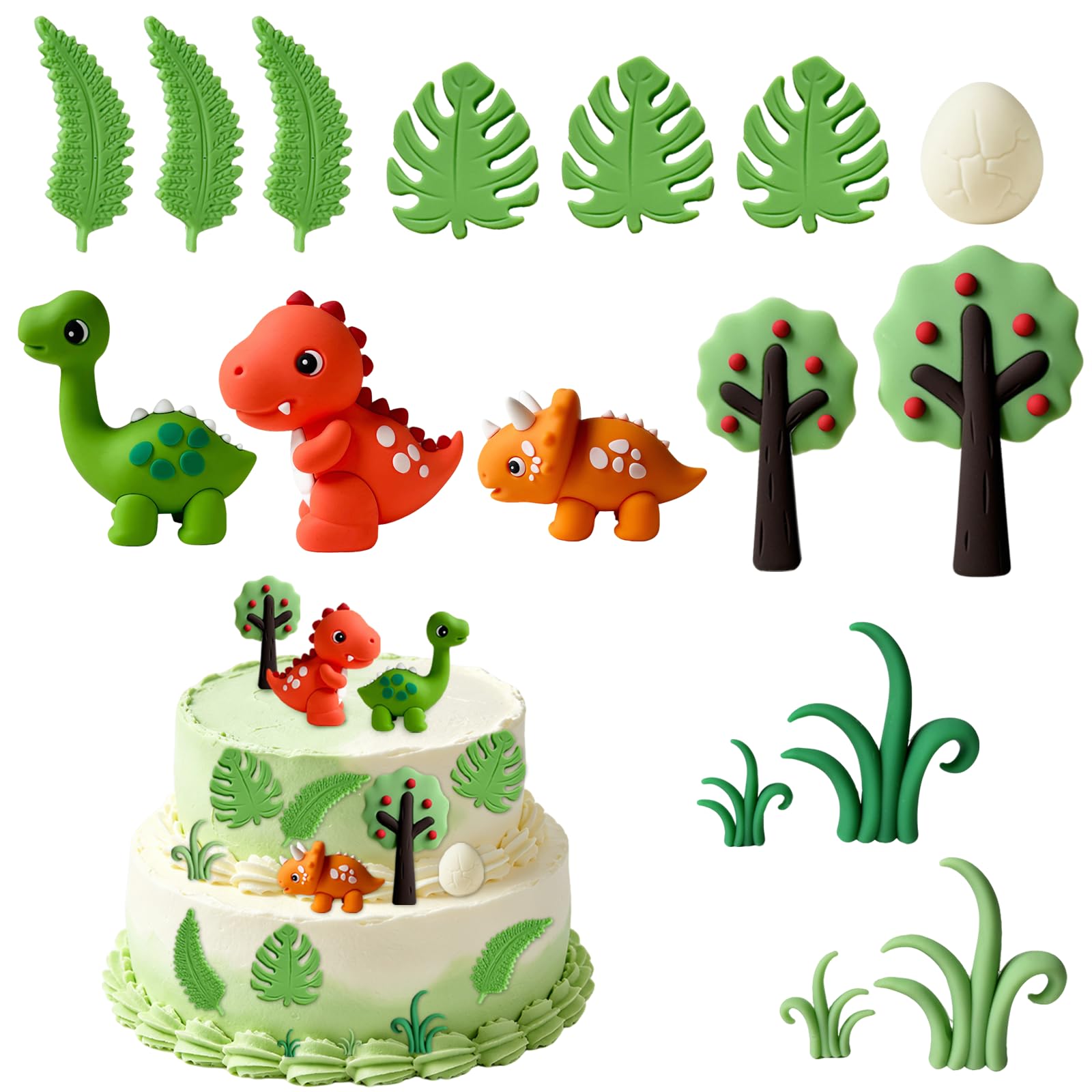 16Pcs 3D Dinosaurs Cake Decoration, Dinosaur Egg Leave Tree Cake Topper, Happy Birthday Dinosaurs Theme Cake Toppers Decorations, for Birthday Baby Shower Boys Girls Party Decor