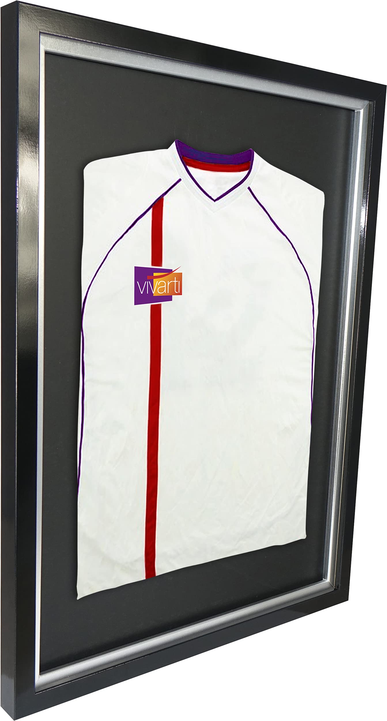 Vivarti Marco de exhibición estándar para camiseta de fútbol, camiseta de rugby, caja de sombra de camiseta de banda, 50 x 70 cm, marco negro brillante, marco interior plateado, tarjeta trasera negra