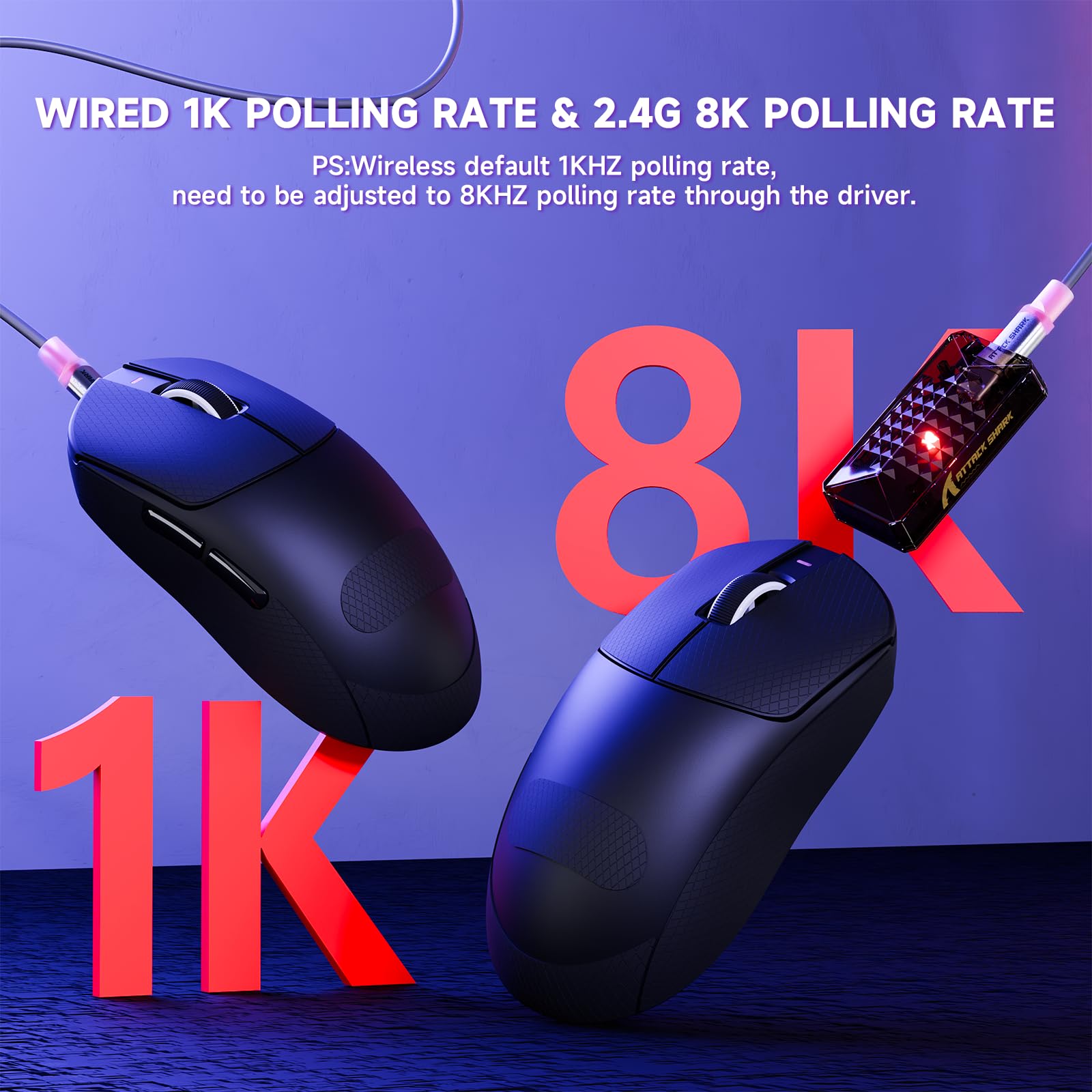ATTACK SHARK X8PRO 55g ultraleichte Kabellose Gaming-Maus mit Spiralkabel & Griffband, Mittelgroße/Große Hände, 8K-Polling Rate, 2,4 G/Wied/BT, 500 mAh, 40K DPI, Optischer Sensor PAW3395 - Schwarz