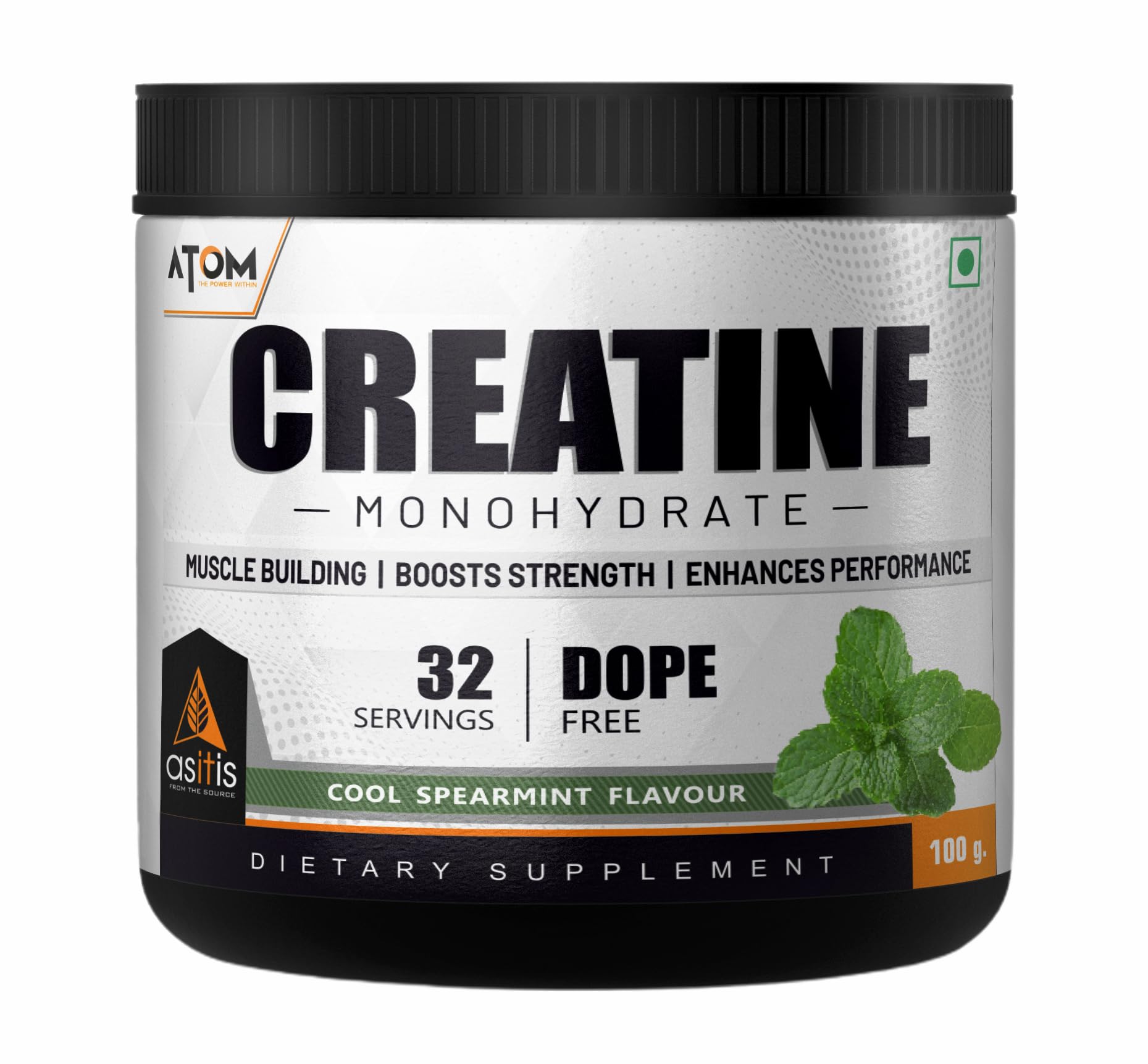 AS-IT-IS ATOM Creatine Monohydrate 100g - 32 Servings, Cool Spearmint, Dope Free, Enhances Performance, Promotes Muscle Gains
