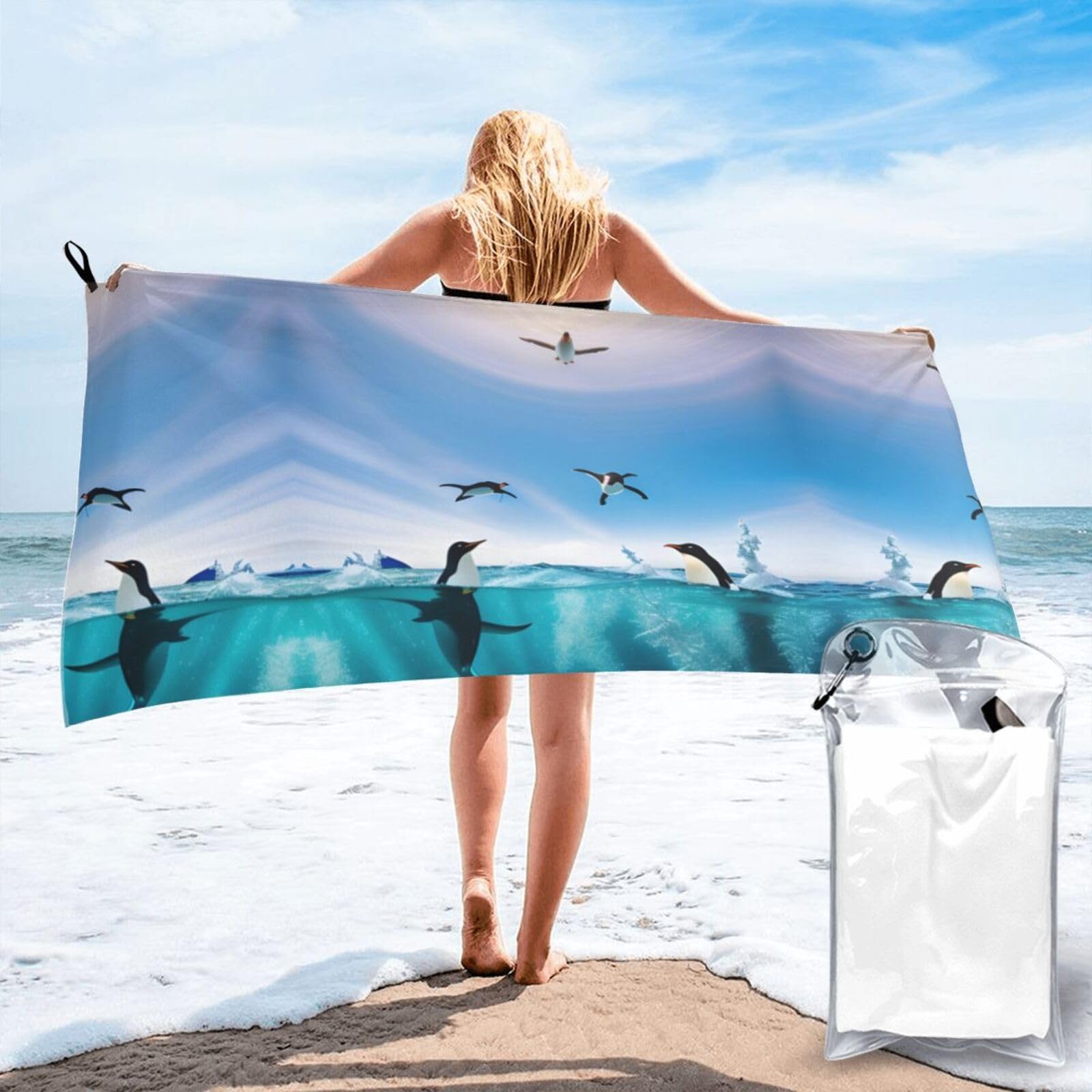 WYCZHY Happy Penguin In The Water Print Beach Towel Soft Quick Dry For Spa Pool Gym Vacation Travelers Women Men Adults Sauna Gift