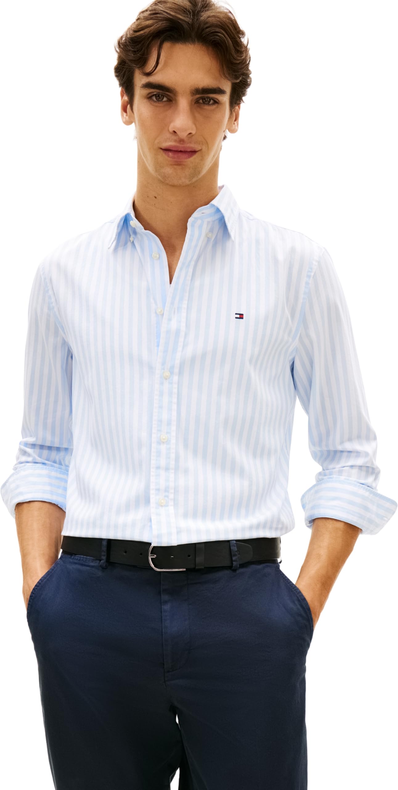 Tommy Hilfiger Men's Flex Poplin Classic STP Rf Shirt MW0MW42440 S/S Shirt, Blue, XL