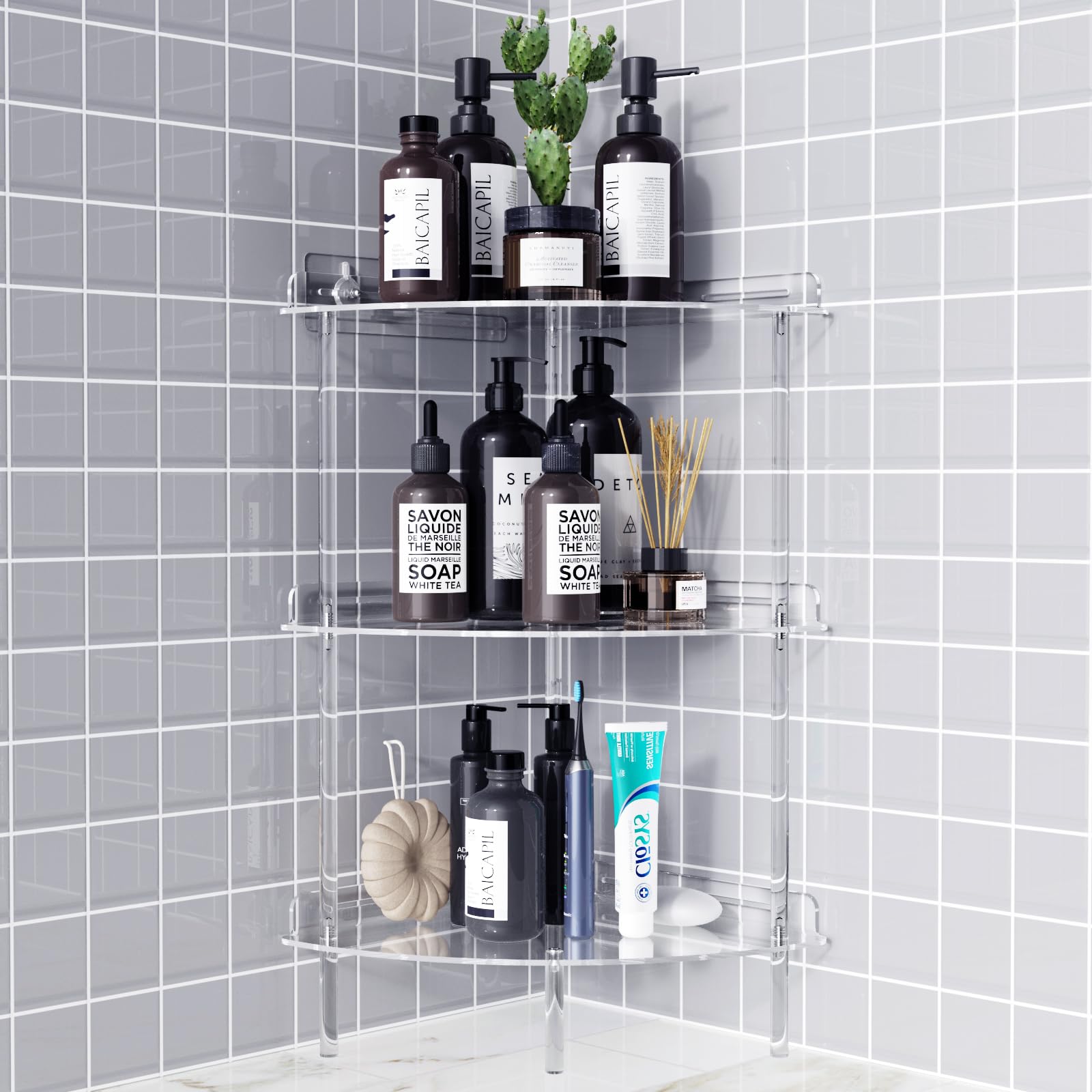 Bakzon Corner Shower Caddy 3 Tier Acrylic Shower Organizer Corner for Inside Shower Rustproof Floor Standing Shower Shelves