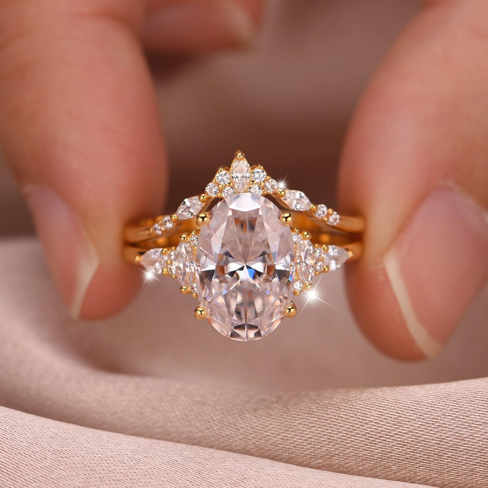 2-częściowy zestaw złotych pierścionków damskich 9K dla kobiet z moissanitem 4,5 ct, pierścionek zaręczynowy damski, żółte złoto, 9-karatowe żółte złoto, rozmiar 58 (18,5)