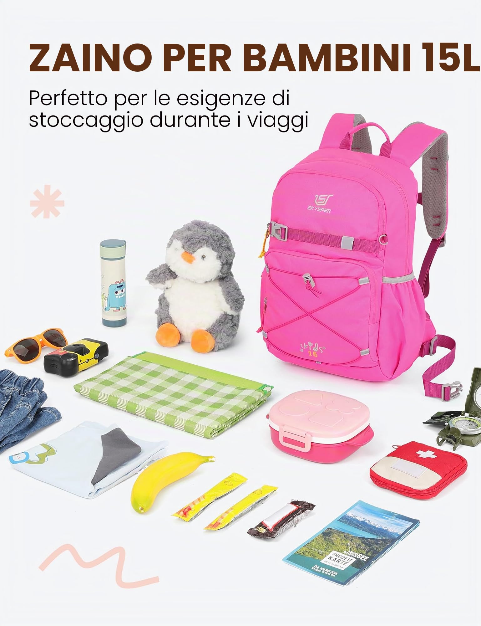 SKYSPER 15L Zaino per Bambini Scolastico Multiscomparti | Età 4-12 anni, per bambino e bambina, ideale per gite, asilo e viaggi, scomparti multipli, leggero e resistente