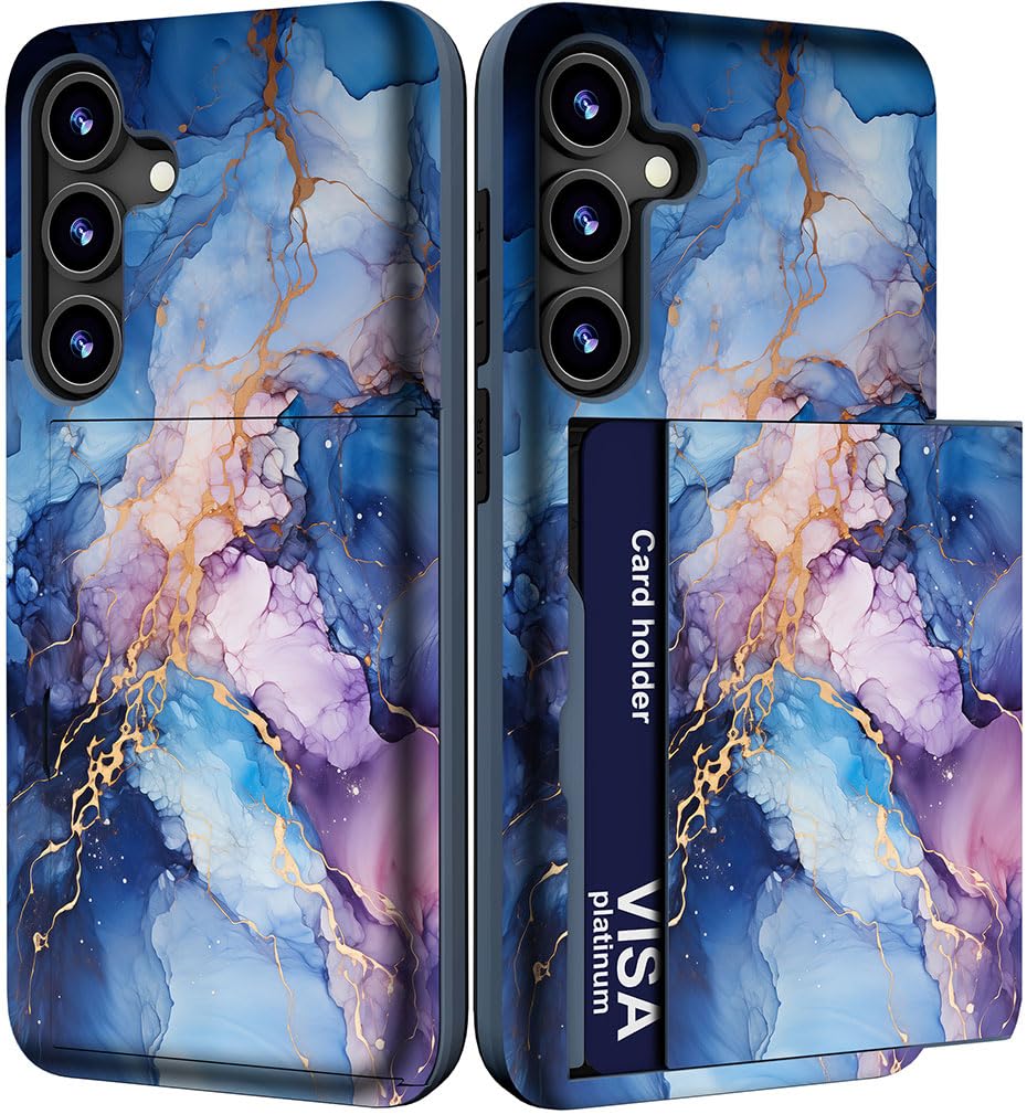 IWONE Case Cute with Card Holder for S24 / Slim Slot Wallet Phone Case for Women Compatible with Samsung Galaxy S24 / Blue Purple Marble Natural Stone Swirls Painting Abstract