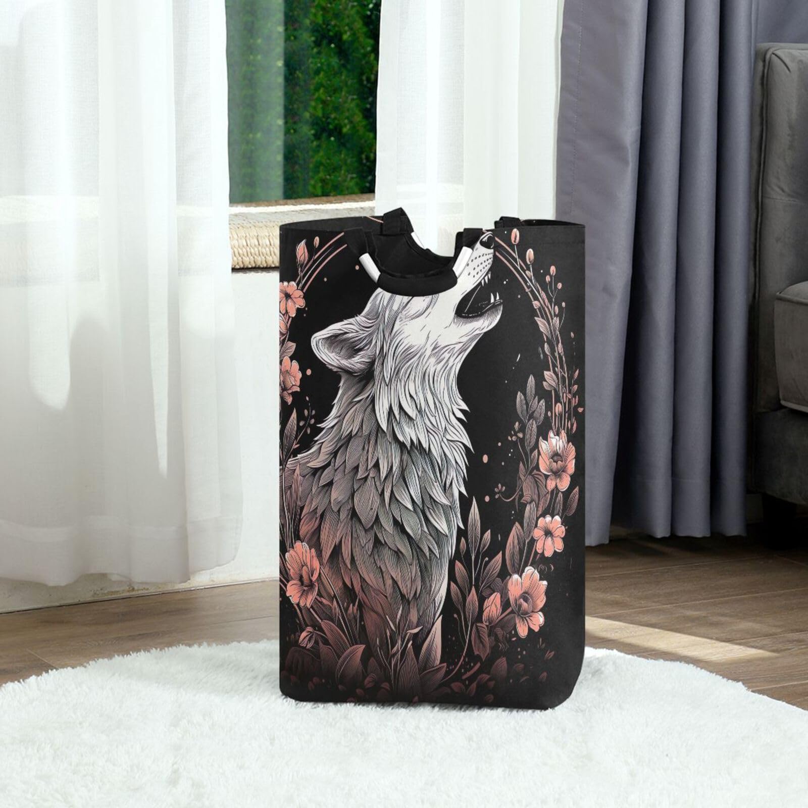 Jihqo Laundry Hamper Basket Floral Wolf Collapsible Nursery Storage Bin Waterproof Clothing Baskets for Home Bedroom Bathroom Washing Room