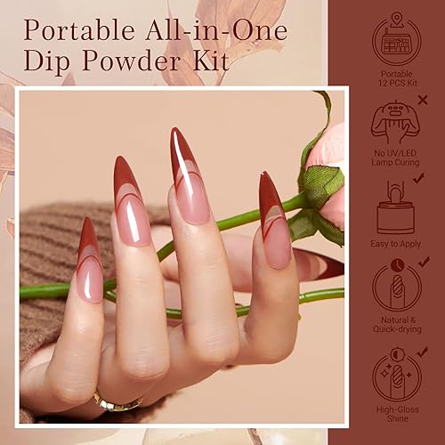 Miniatura 6 de AZUREBEAUTY Kit de 30 piezas de polvo de inmersión para uñas con palitos de uñas, 8 colores de otoño e invierno nude marrón brillantina, juego