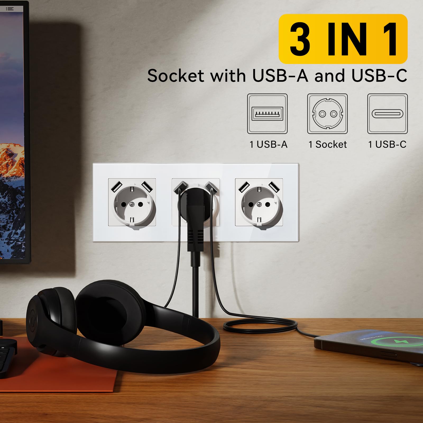 gniazdo Schuko z USB-A podtynkowe 86 * 370mm, gniazdo EU 16A z ramką ze szkła, 2 USB typu F z uziemieniem, łatwa instalacja (zaczepy składane), 5-funkcyjne białe