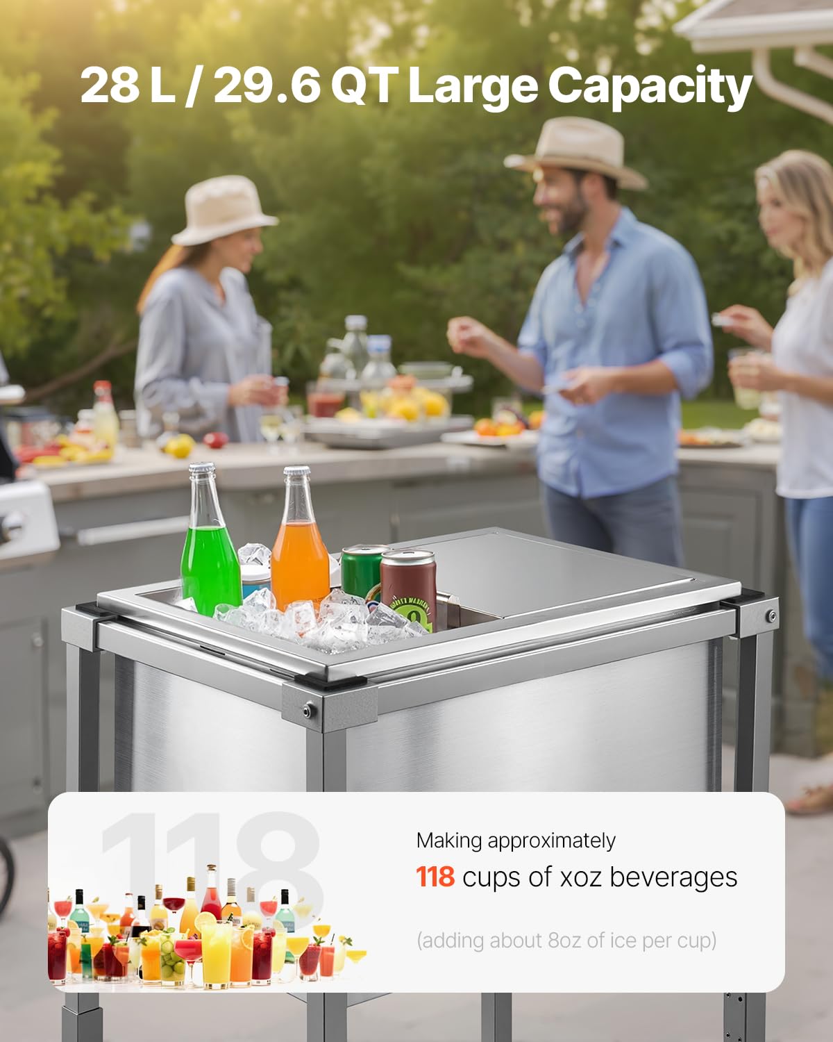 VEVOR Carrello Frigo con Ruote, 510 x 360 x 970 mm, Contenitore per Ghiaccio in Acciaio Inox su Ruote, Carrello Frigo da Esterno da 28 Litri con Ripiano, per Patio, Cortile, Bar per Feste