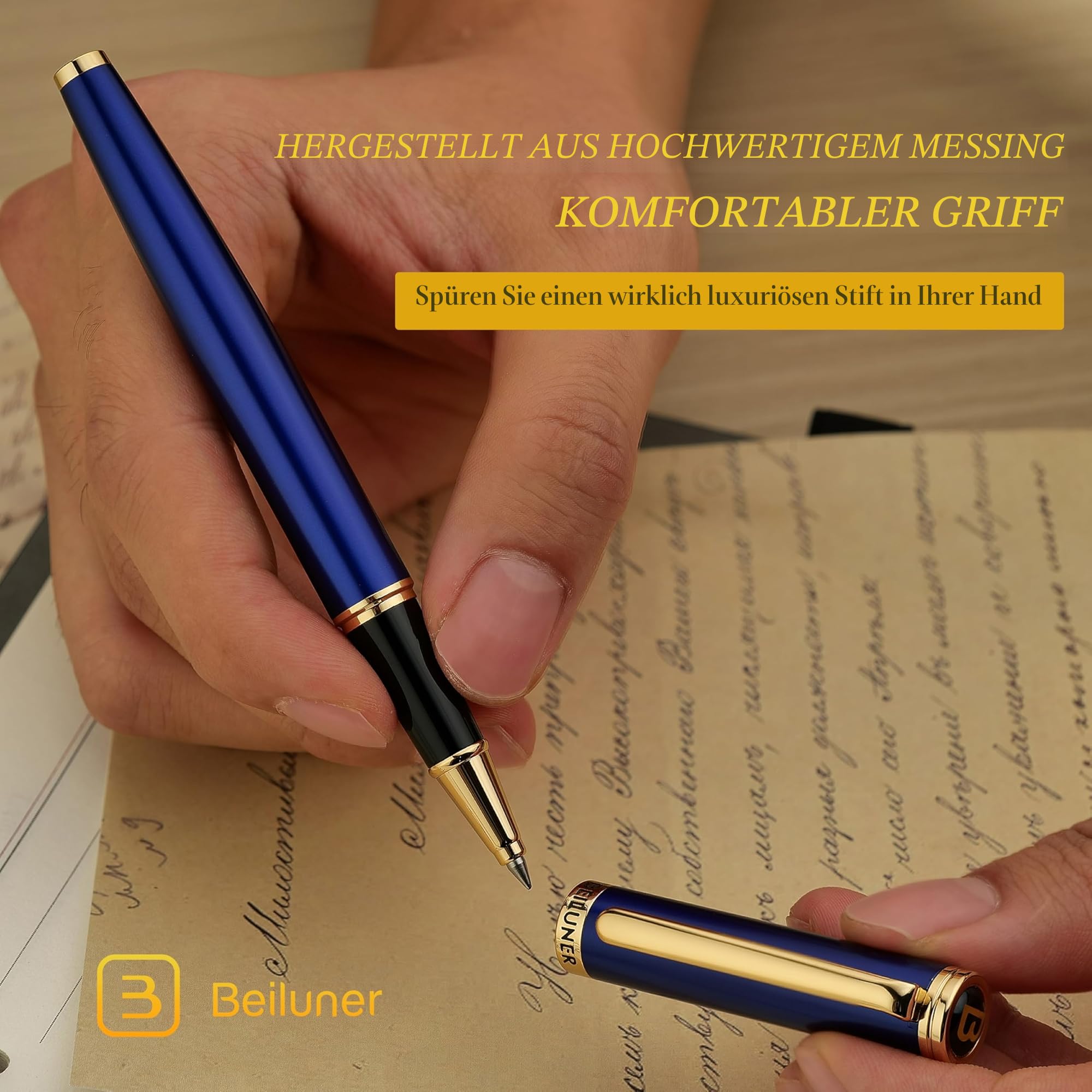 BEILUNER Hochwertiger Tintenroller mit Echtvergoldung - Professioneller Kugelschreiber mit schwarzer Schneider 850 Mine - Geschenkbox - Luxus Schreibgerät für Business & Geschenkanlässe(Blau)