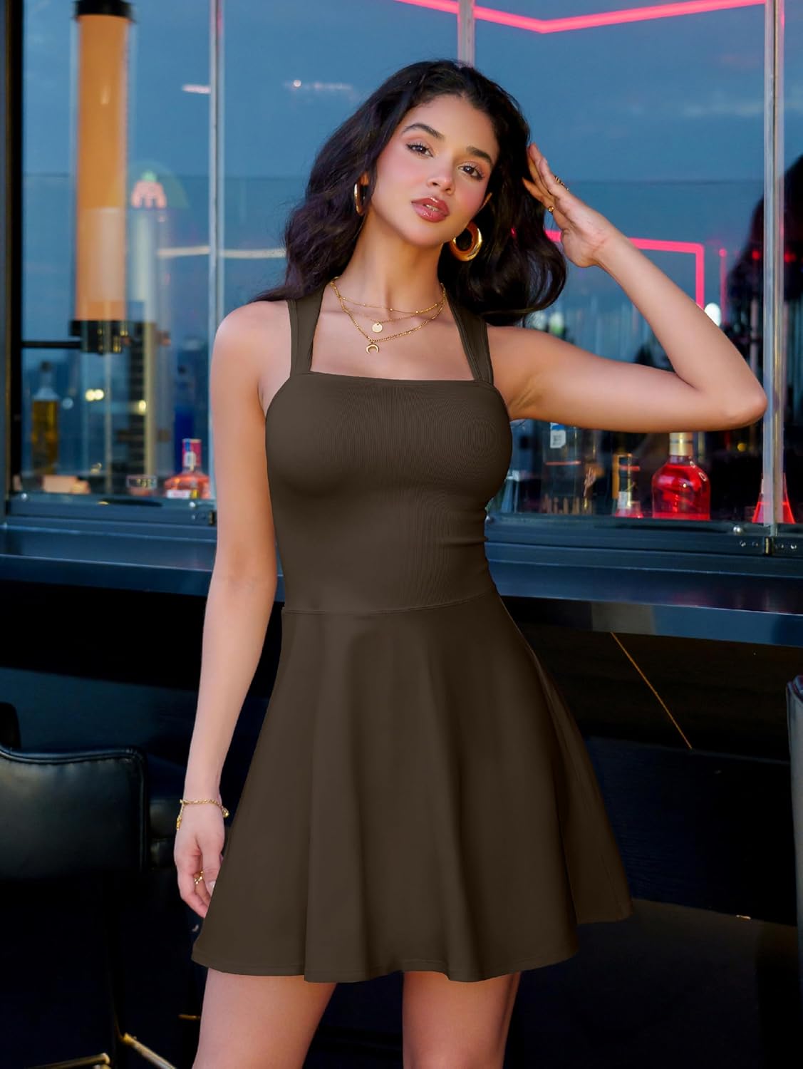 OQQ Women's Square Neck A-line Dress Sleeveless Tank Top Stretch Flare Mini Dresses - Image 5