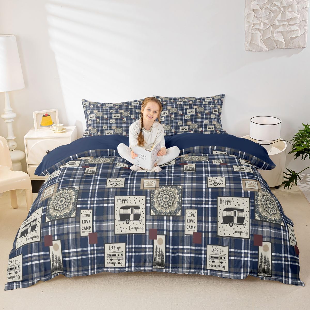 Buffalo Plaid Duvet Cover, Happy Camping Comforter Cover, Bohemian Mandala Floral Bedding Set, Camper Car Adventure Bedding Set for Travel Trailers, Cartoon Camper Quilt Cover, Blue White, Queen 3Pcs
