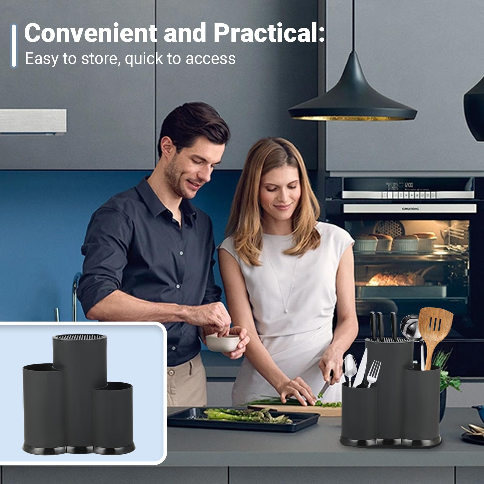 Porta Coltelli 3 In 1 Da Cucina - Con Foro Di Scarico E Scomparti | Materiale PP, Nero - Foto 9