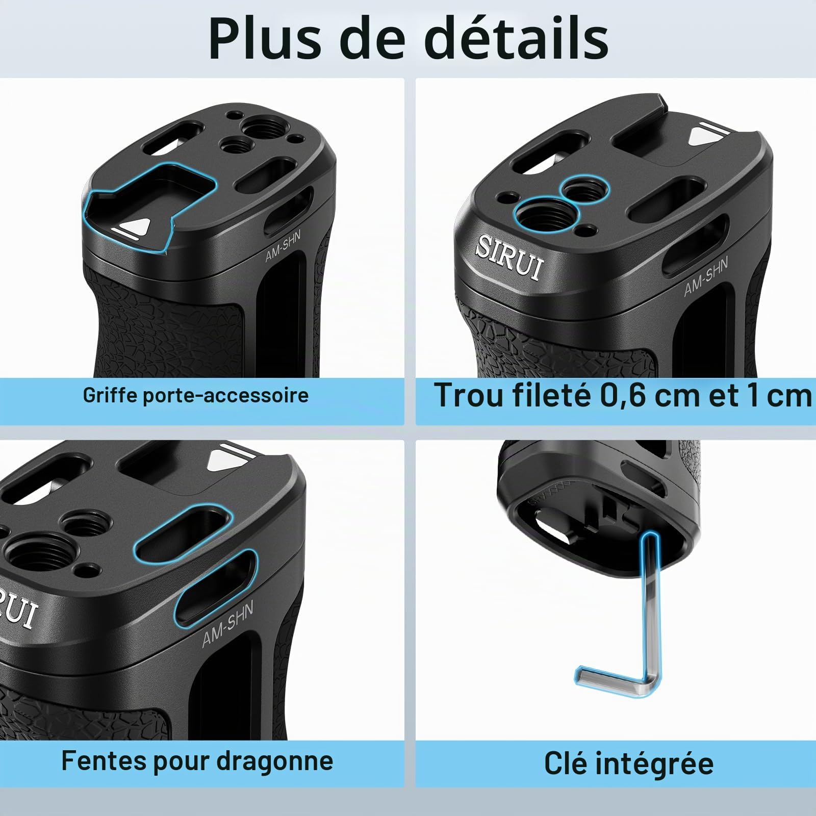 SIRUI Poignée Latérale de Positionnement pour Moture NATO en Option, Poignée Légère pour Cage de Caméra avec clé Intégrée, Griffe Froide et Trous Tiletés, Réglable en Hauteur et en Profondeur(AM-SHN)
