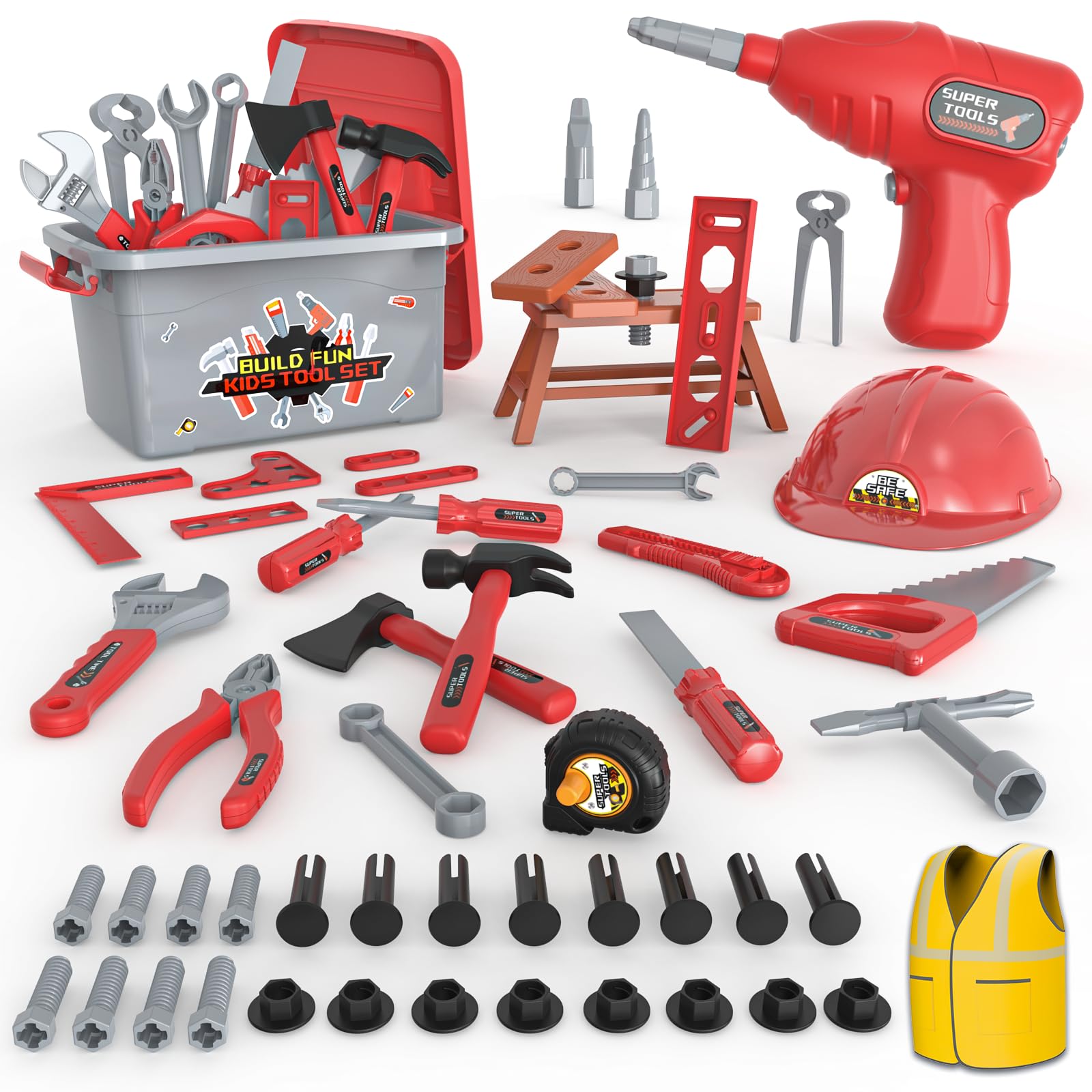 58-Piece Kids Tool Set with Realistic Power Toy Drill & Tool Box & DIY Stickers, Kids Construction Kits, STEM Pretend Play Boy Toys, for Toddlers Boy Ages 3-8