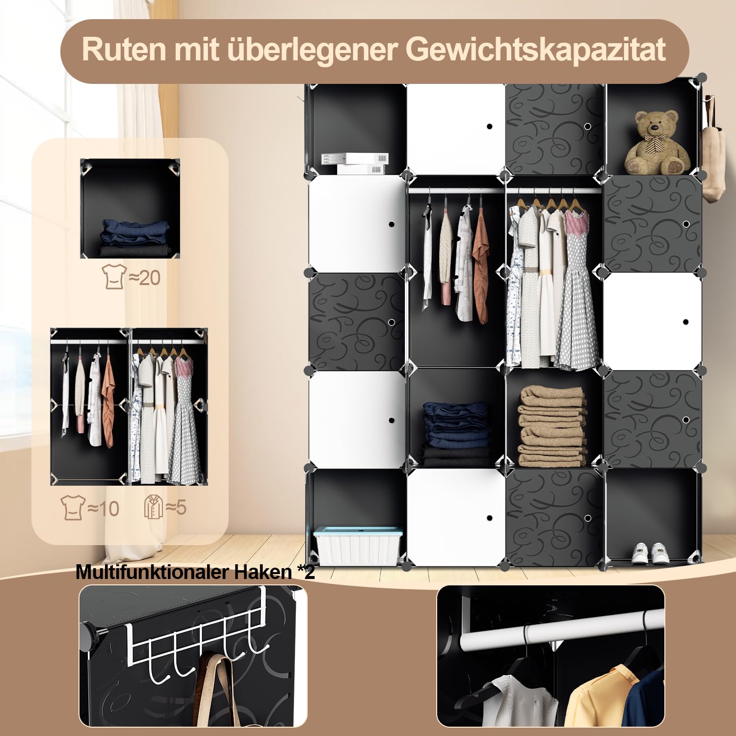 Herrselsam DIY Kleiderschrank Regalsystem 20 Würfel Garderobe Kleiderschrank Offen Kunststoff Garderobe mit Türen Garderobenschrank mit Kleiderbügel & Kleiderhaken(Schwarz und Weiß 175x140x35CM)