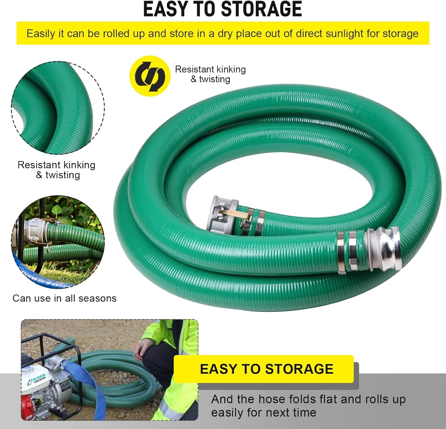 3" x 20' Green PVC Suction Hose Assembly, 3" Male X FemaleCam and Groove， For Swimming Pools & Spas 60 PSI Max Pressure
