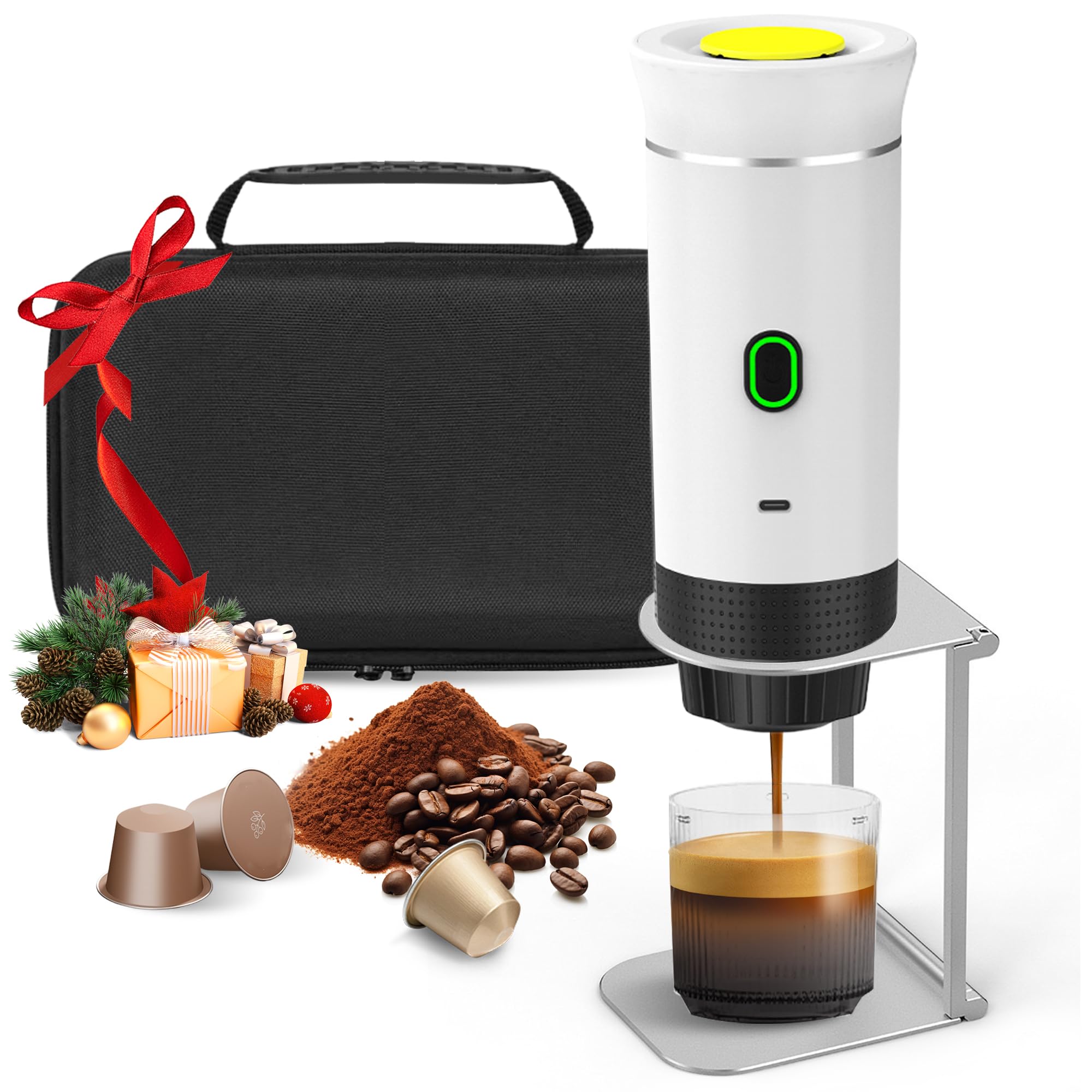 Cafetera Portátil 3 en 1, Máquina de Café Expresso con Soporte y Bolsa, Batería Recargable de 7500mAh, Compatible con Cápsulas y Café Molido, Para Viaje, Camping, Coche, Oficina (Blanco)