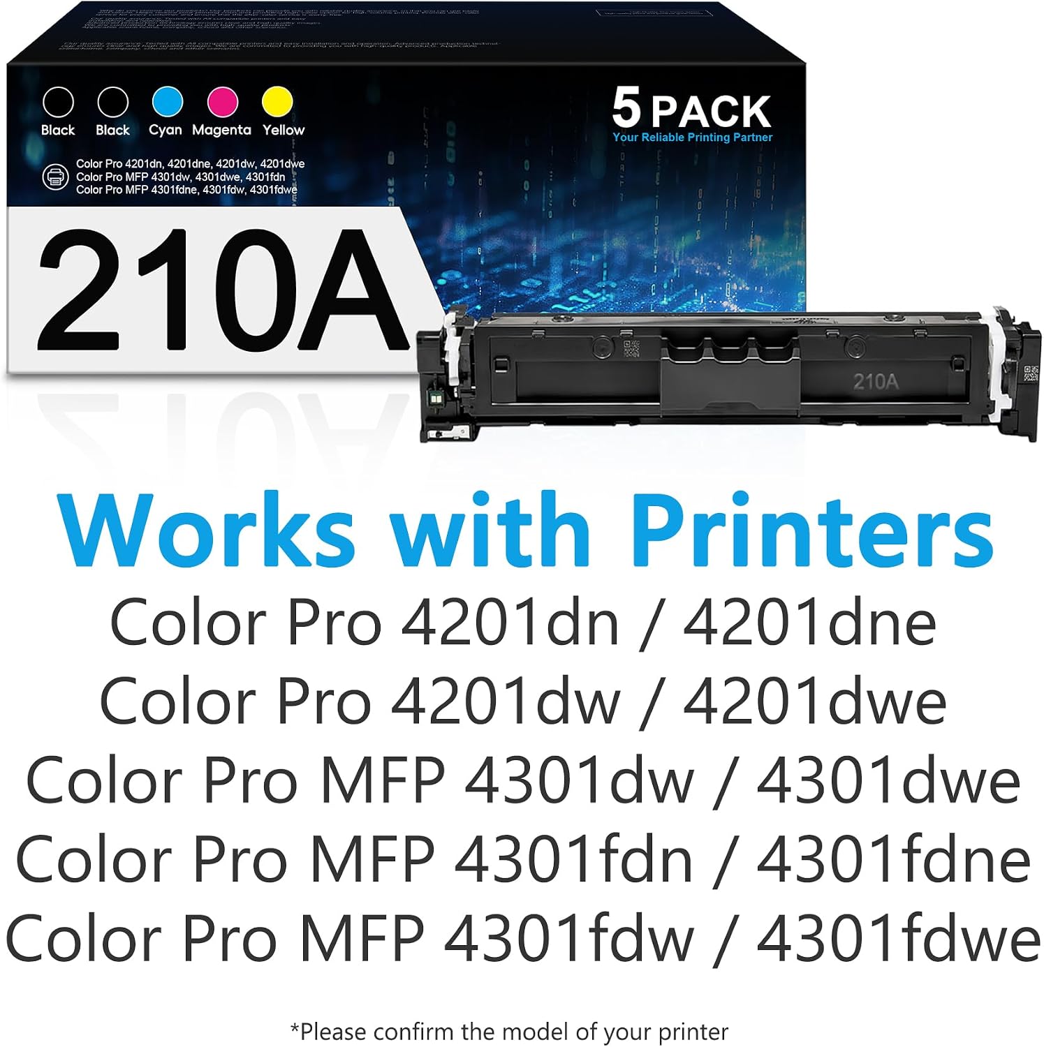 210A Toner Cartridges 5 Pack | Replacement for HP 210A 210X 210 with Chip Toner Works Color Pro MFP 4301fdn 4301 Pro 4201dw 4201dn 4201 Series Printer | W2100A W2101A W2102A W2103A High Yield Ink