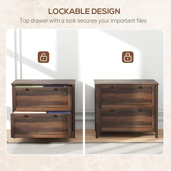 2 Drawer File Cabinet with Lock, Lateral Filing Cabinet with Keys and Adjustable Hanging Bar for Letter, A4 and Legal Size, File Cabinet for Home Office, Brown