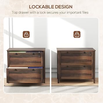2 Drawer File Cabinet with Lock, Lateral Filing Cabinet with Keys and Adjustable Hanging Bar for Letter, A4 and Legal Size, File Cabinet for Home Office, Brown