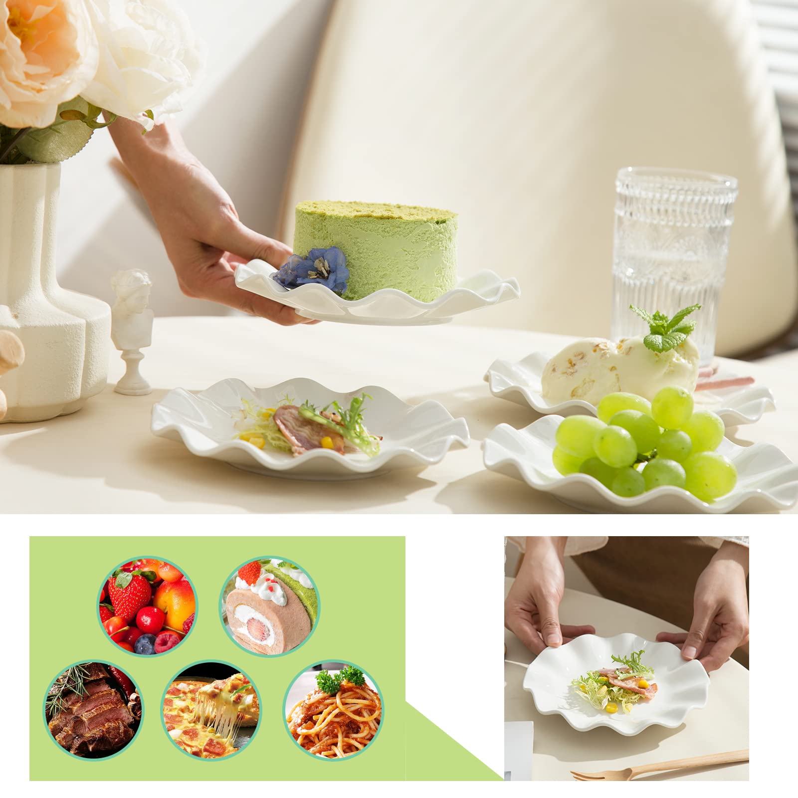 Lot de 12 assiettes en porcelaine de 17,8 cm, petites assiettes à dessert, assiettes ondulées, résistantes aux rayures, sans plomb, passent au micro-ondes, au four et au lave-vaisselle, blanc