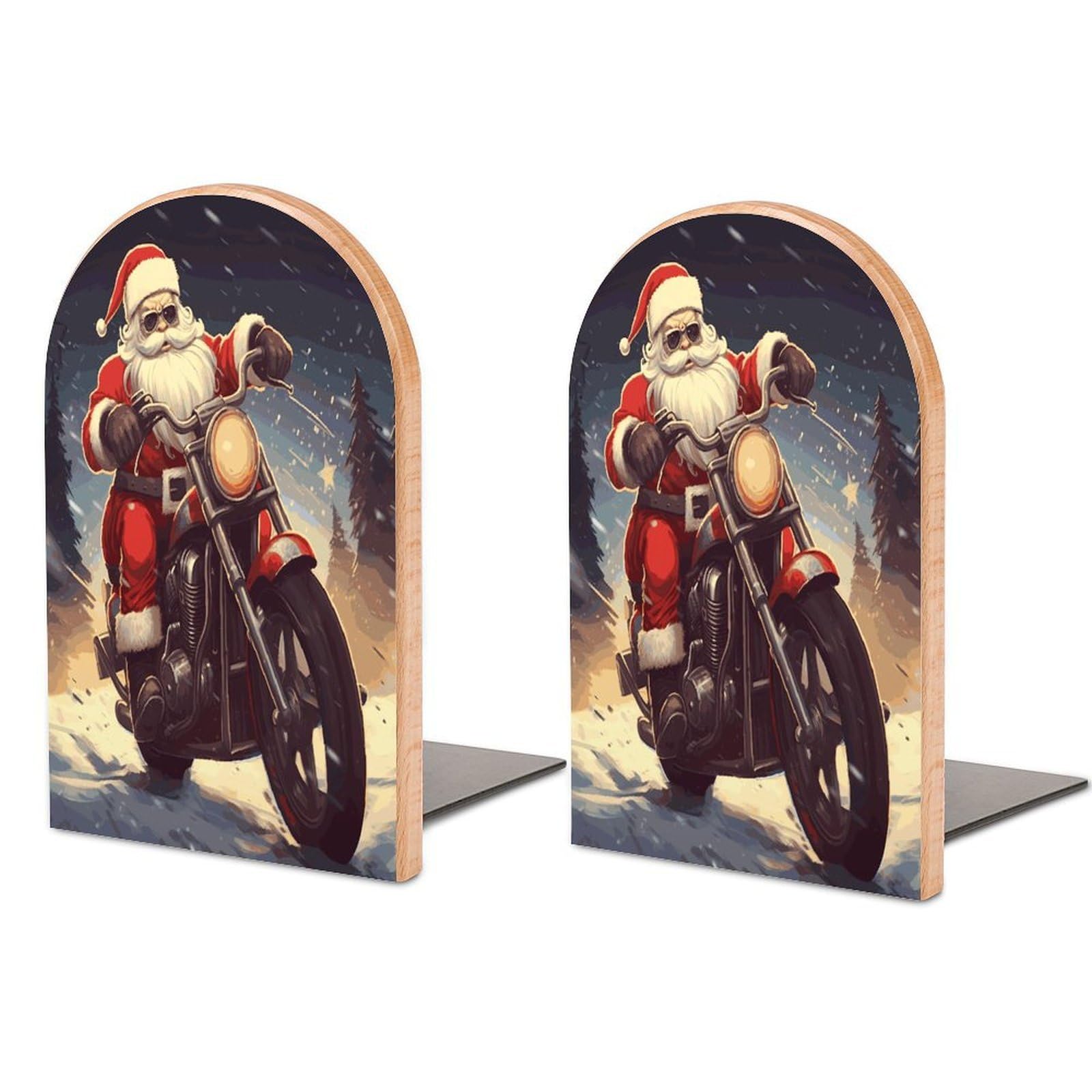 Santa Claus Biker Riding Bookend for Shelves Non-Skid Book Holder Modern Heavy Duty Bookend Stopper Metal Base Wood Book End Books Shelf Holder Home Decorative 1pair 5x3.9x3.1