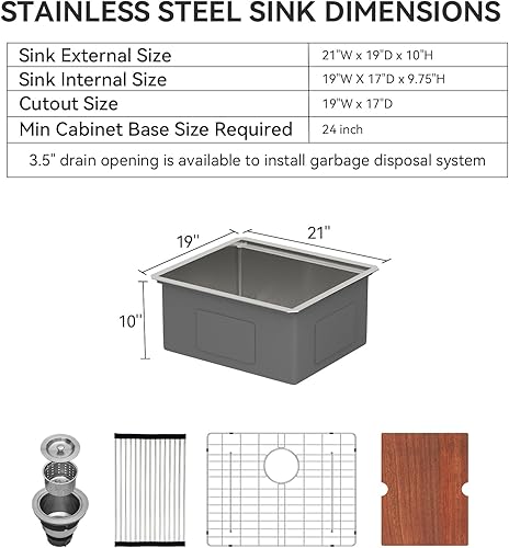 Miniatura 191 de Lordear Fregadero de cocina de montaje inferior de 23 pulgadas, estación de trabajo, fregadero de cocina de acero inoxidable calibre 16, cuenco