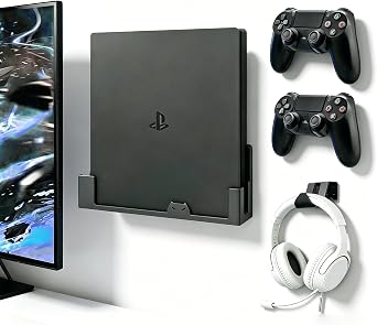 Wall Mount for PS4 Slim with 2 Detachable Controller Holder and 1 Headphone Stand, PS4 Accessories,Compatible with PlayStation 4 SlimMounts PS4 Slim by TV