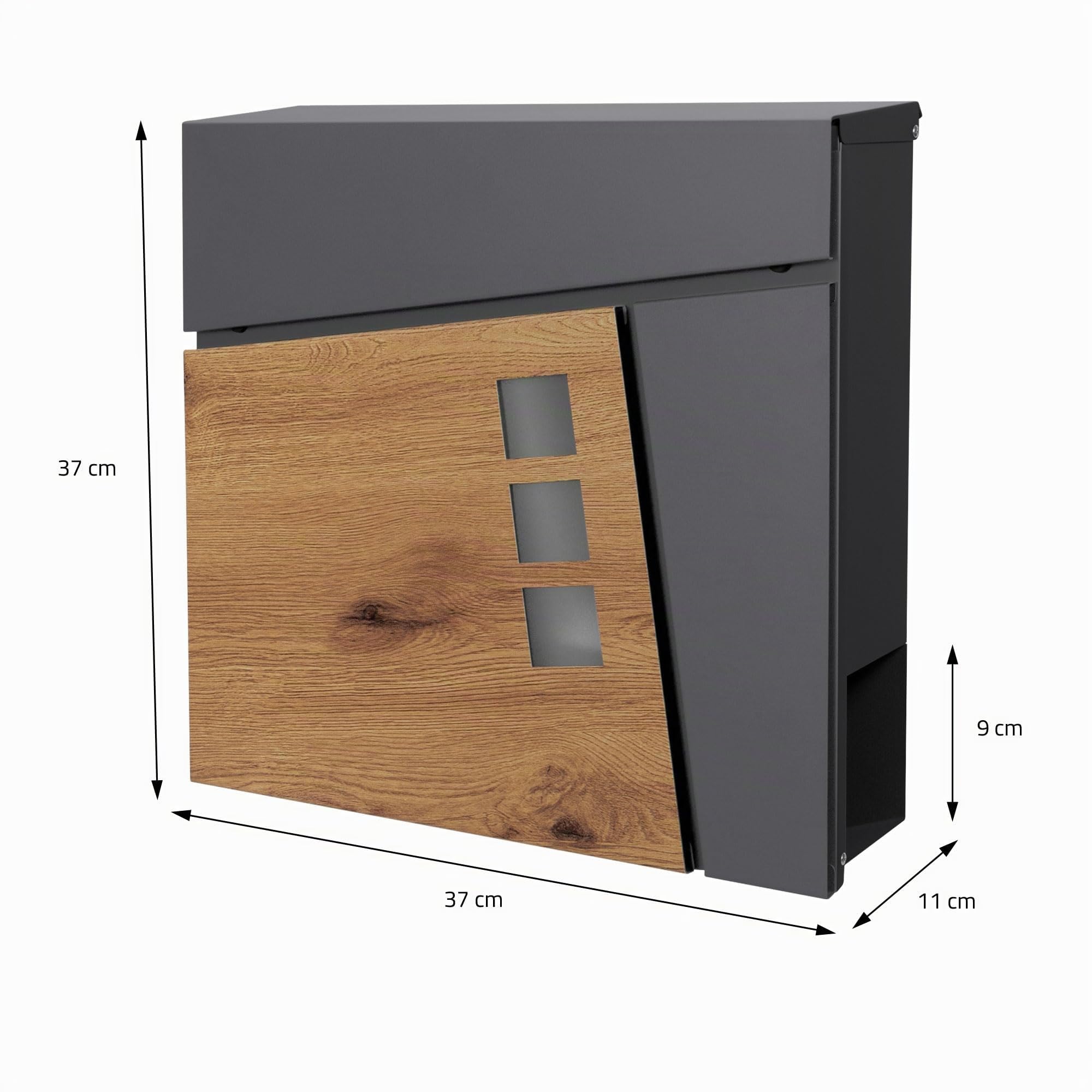 ML-Design Cassetta Postale da Parete Muro Esterno 37 x 37 x 11 cm in Acciaio Antracite/Aspetto Legno Buca delle Lettere da Appendere con Scomparto per Giornali Riviste Design Moderno incl. 2 Chiavi