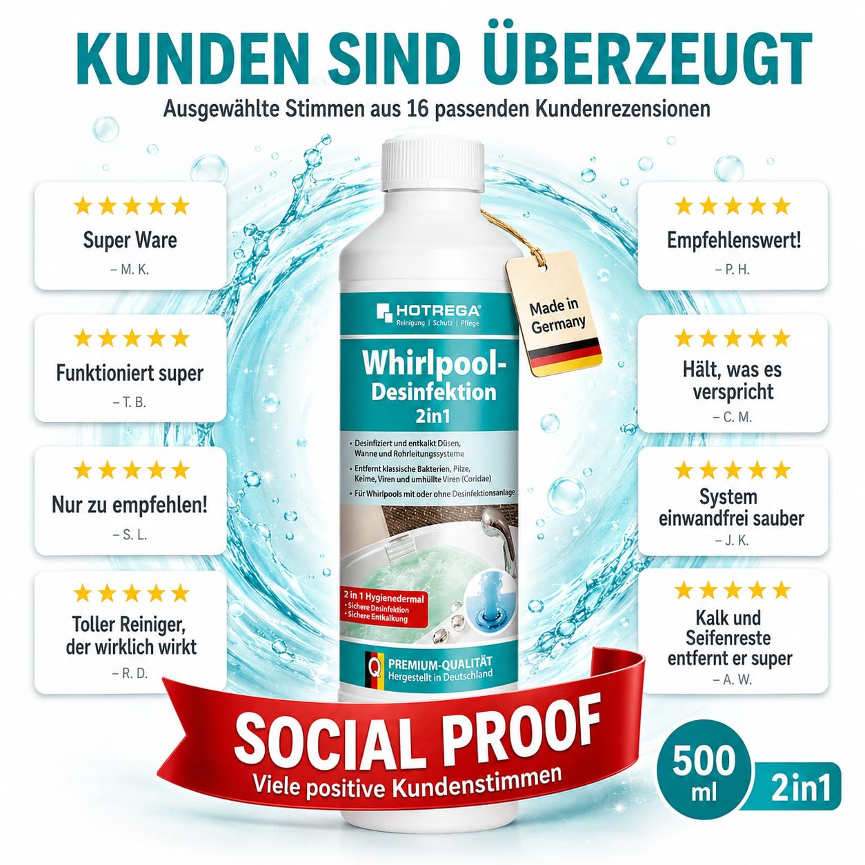 HOTREGA Whirlpool Desinfektionsmittel 2x 500ml | Biozid Entkalker & Pflege | Whirlpool Reiniger für Düsen, Wannen & Leitungen | Gegen Bakterien & Viren | Effektive Whirlpool Desinfektion | 1L Set
